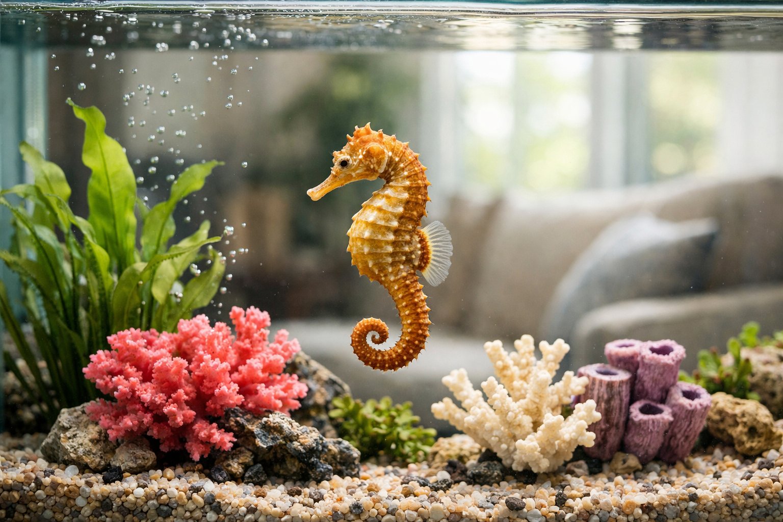 A seahorse swimming in a clear aquarium tank with aquatic plants and coral decorations in a modern home setting.