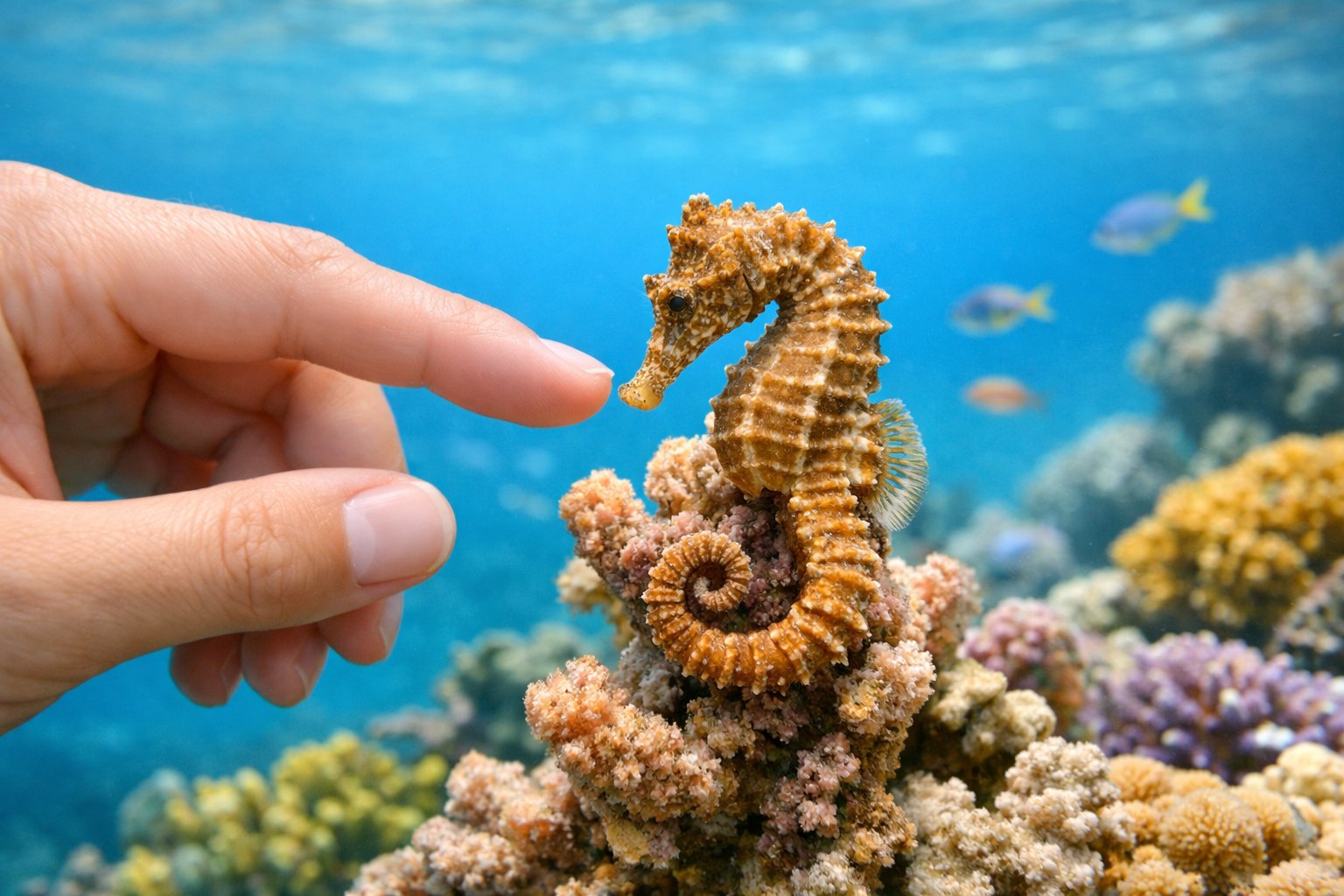 A person's hand gently touching a small seahorse underwater near coral reefs.