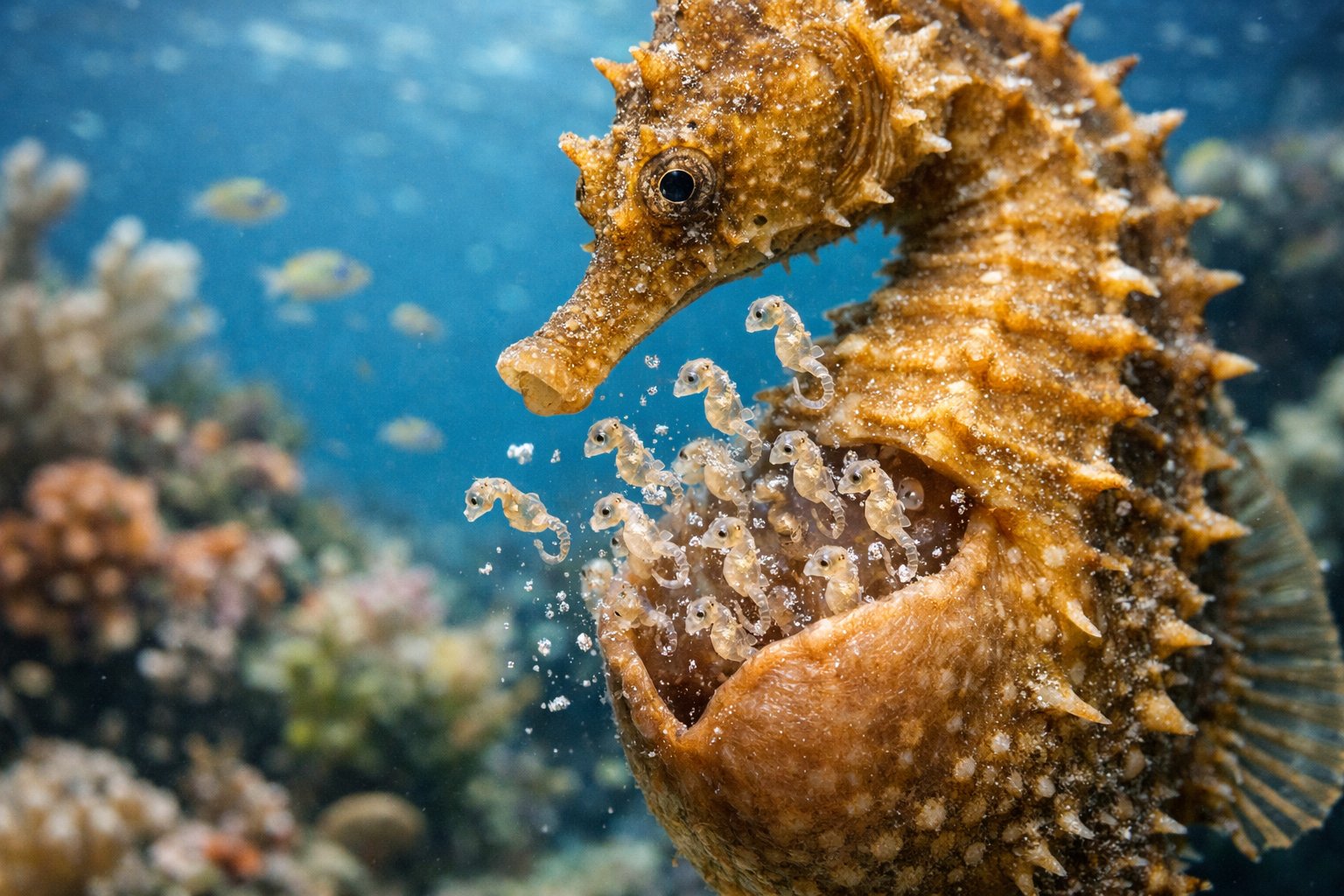 A male seahorse underwater with tiny baby seahorses emerging from its pouch near a coral reef.