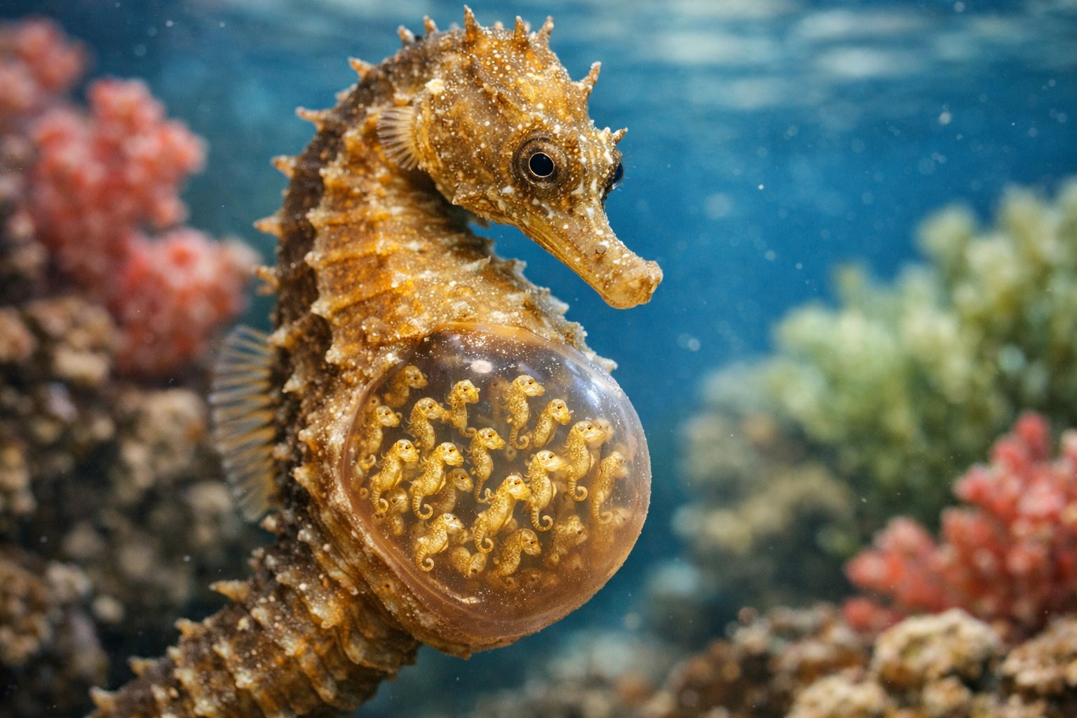 A male seahorse underwater carrying tiny baby seahorses in its brood pouch among coral reefs.