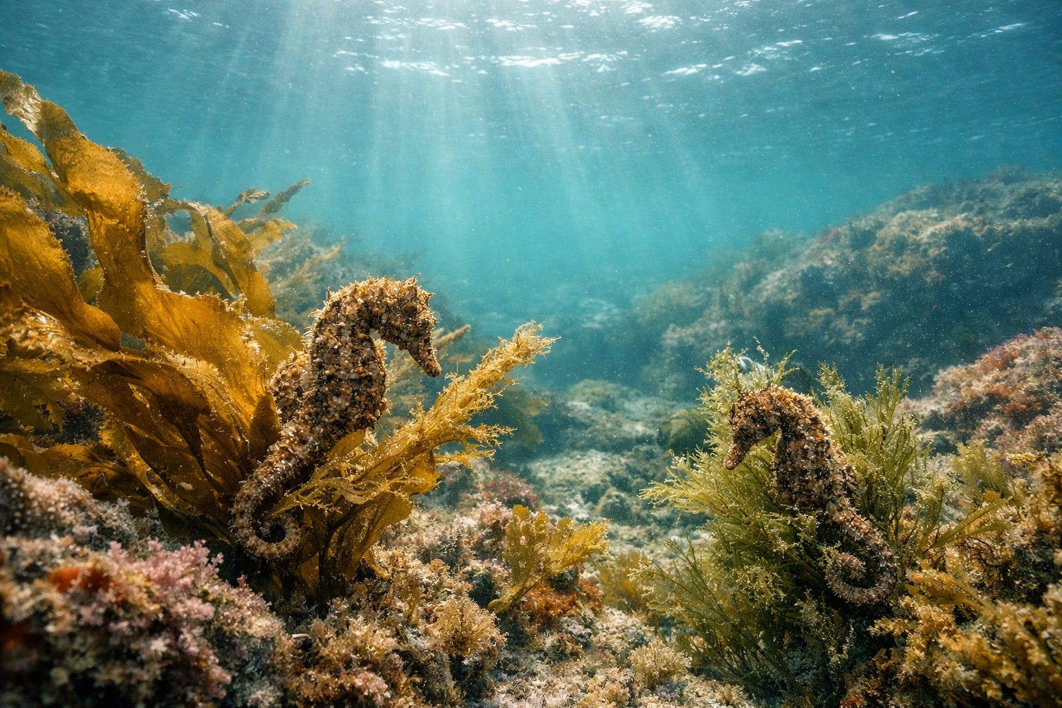 Underwater scene showing seahorses among seaweed and kelp in a rocky coastal area.
