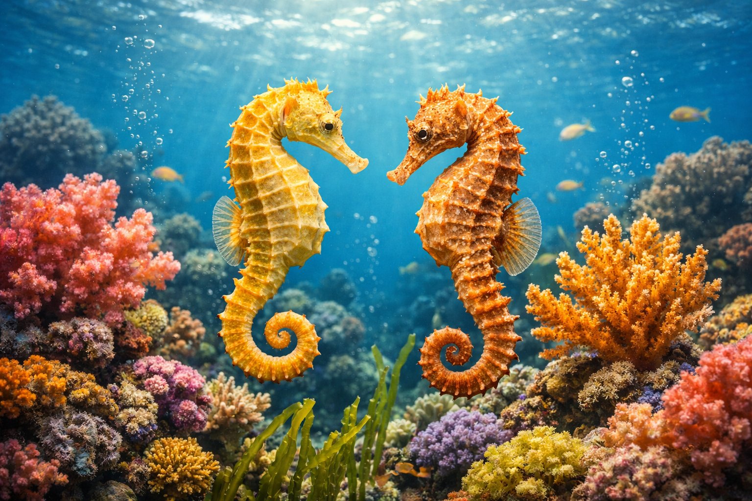 Two seahorses floating among colorful coral and aquatic plants in clear ocean water.