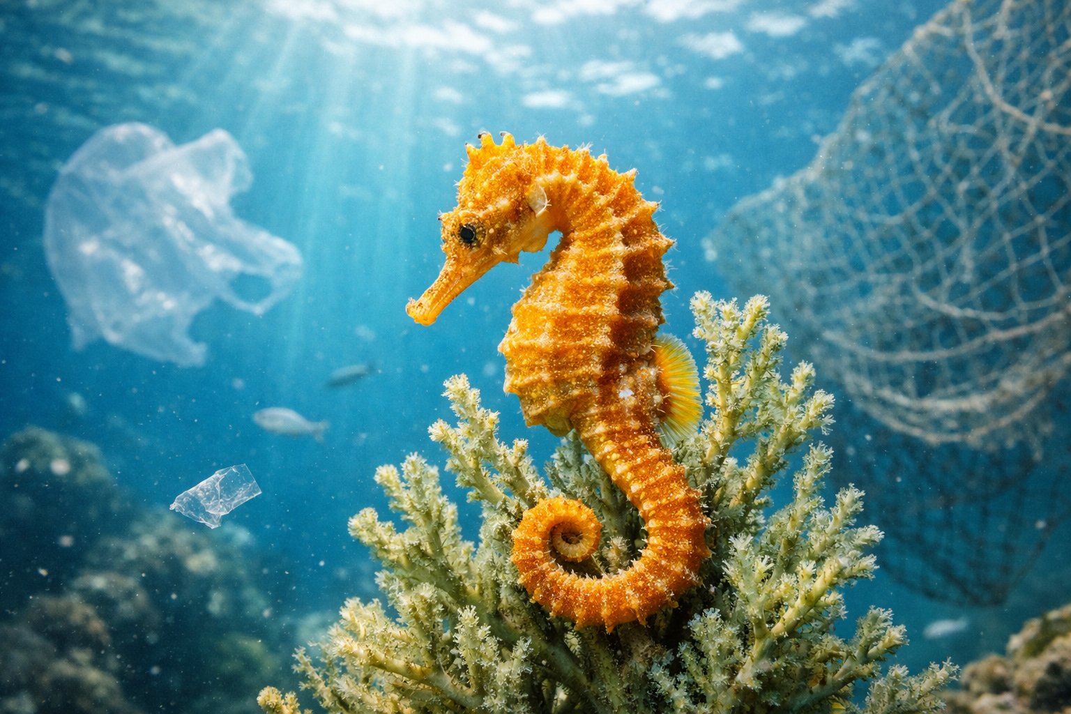 A close-up of a seahorse clinging to coral underwater with sunlight filtering through the clear water.