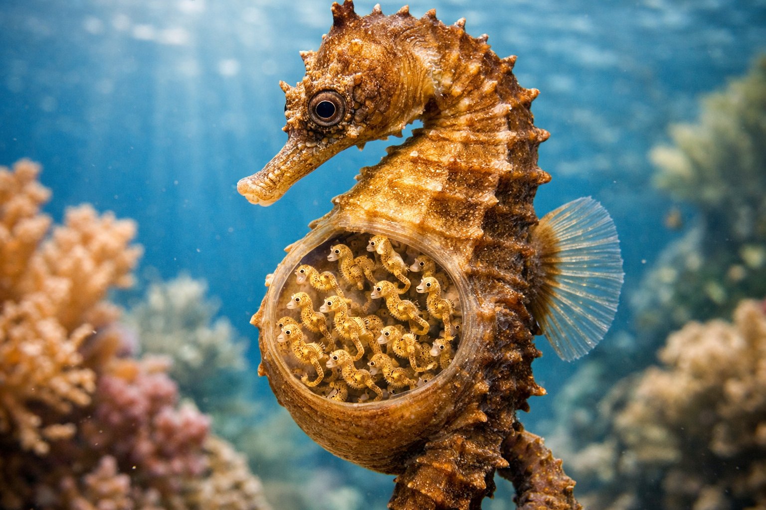 A male seahorse underwater carrying tiny baby seahorses in a pouch on its abdomen among coral reefs.