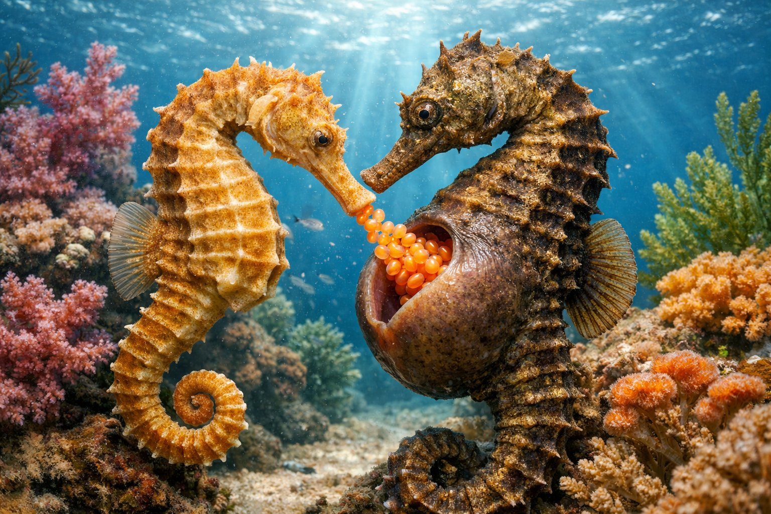 A female seahorse transferring eggs into the brood pouch of a male seahorse underwater among coral and seaweed.