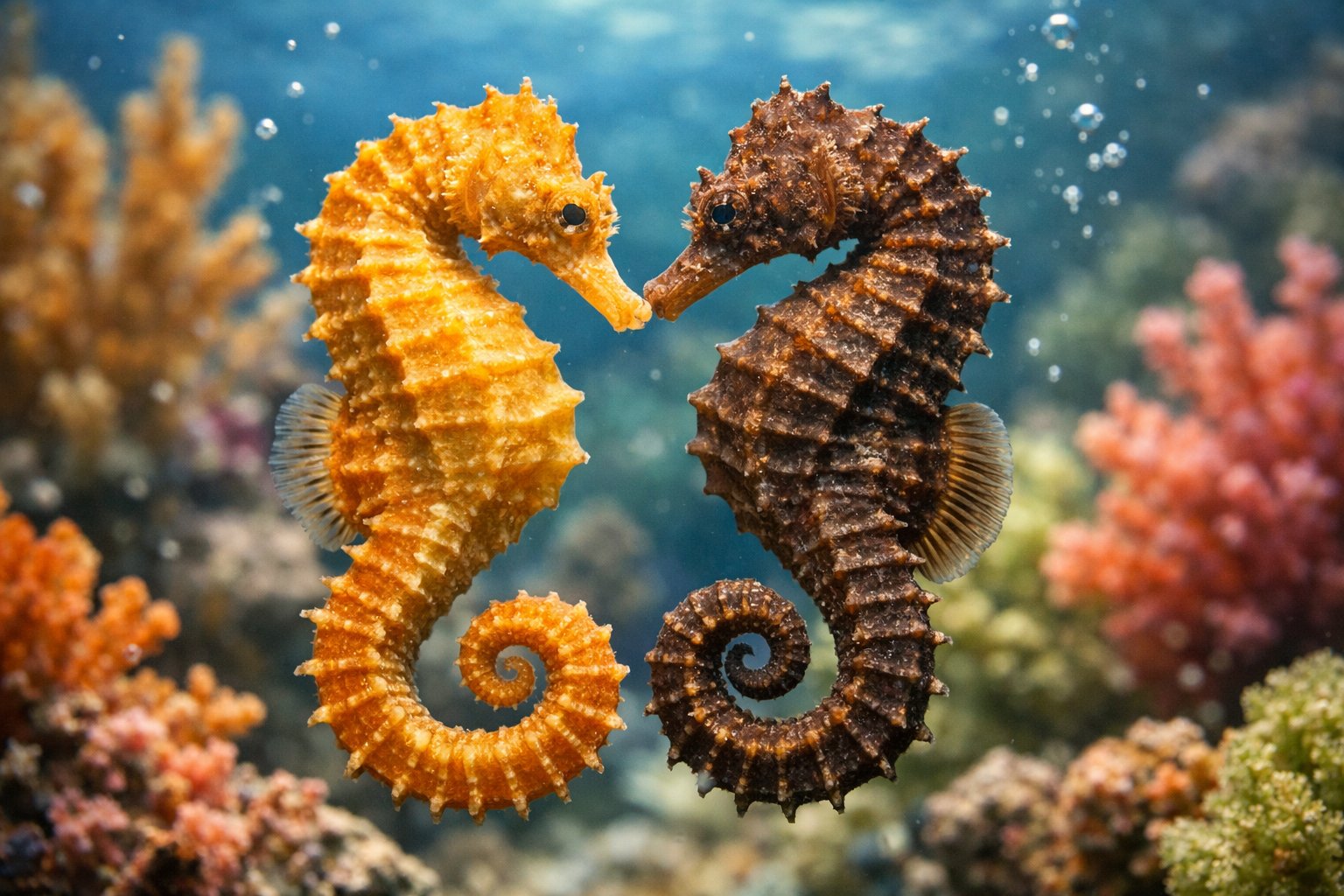 Two seahorses facing each other underwater among colorful coral and marine plants.