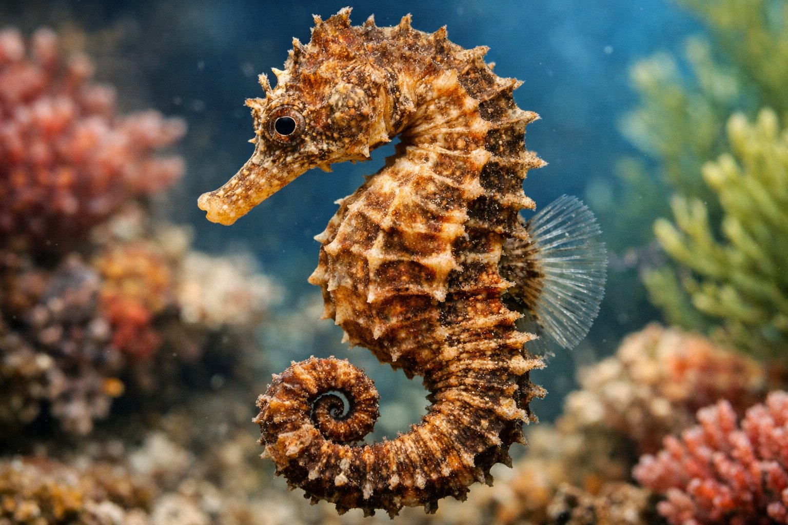 Close-up underwater image of a seahorse showing its head and body among coral and plants.
