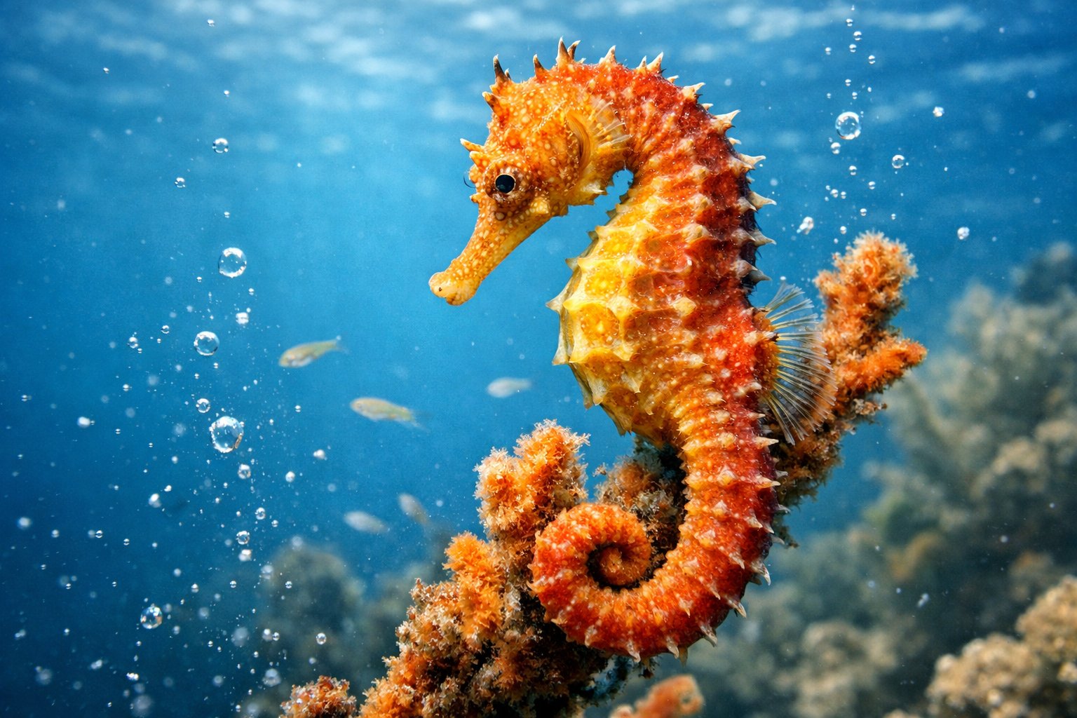 A close-up underwater view of a seahorse clinging to coral in clear blue water with small fish nearby.