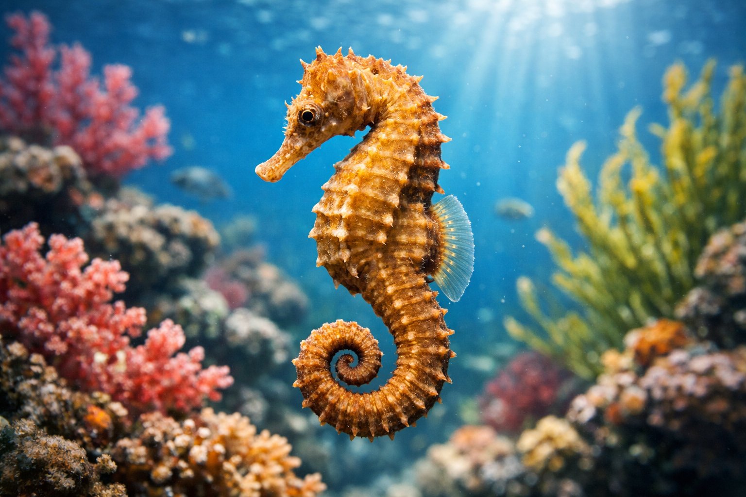 A close-up underwater view of a seahorse floating near coral reefs and seaweed.