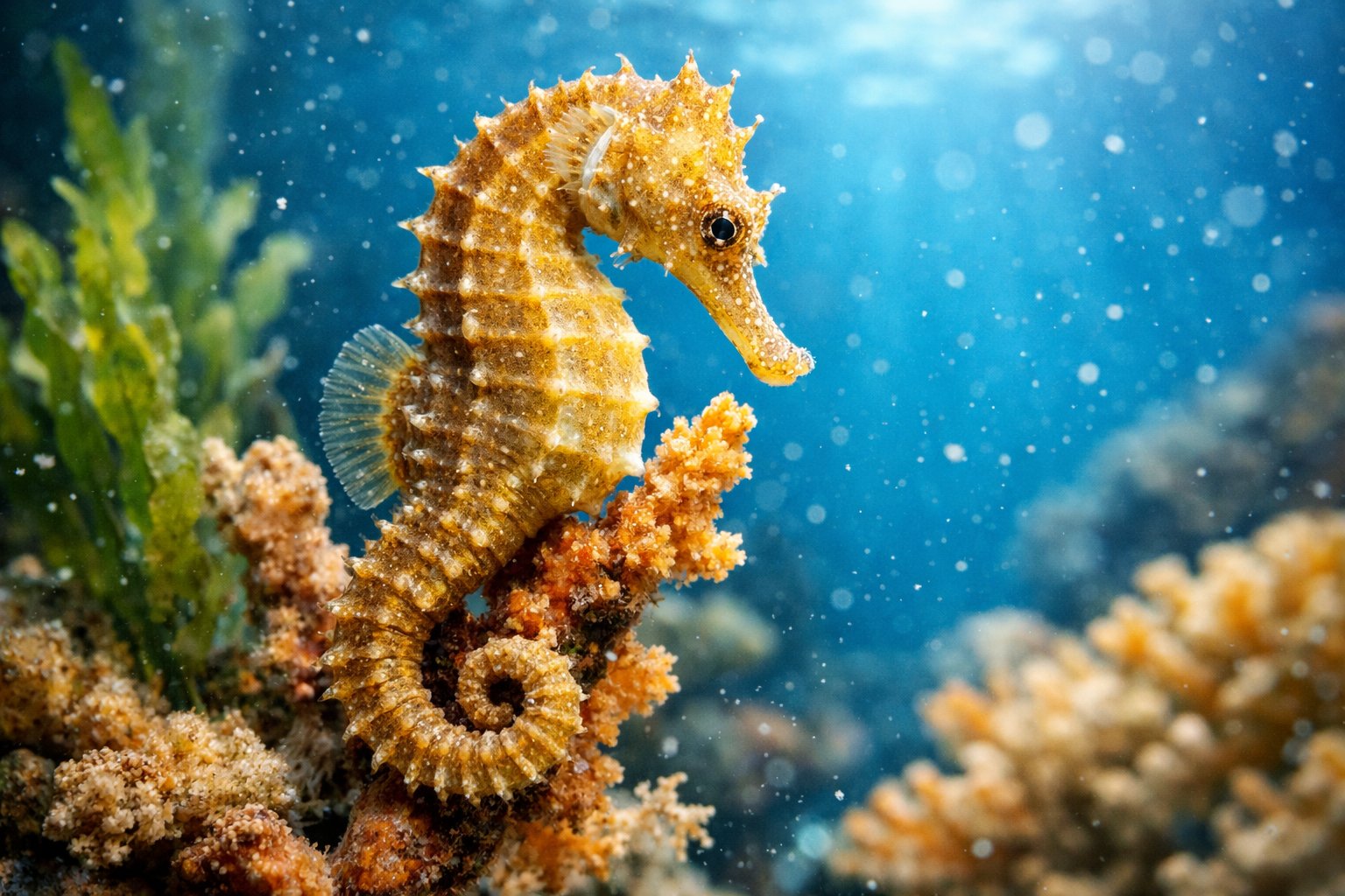 Close-up underwater view of a seahorse clinging to coral in clear blue water.