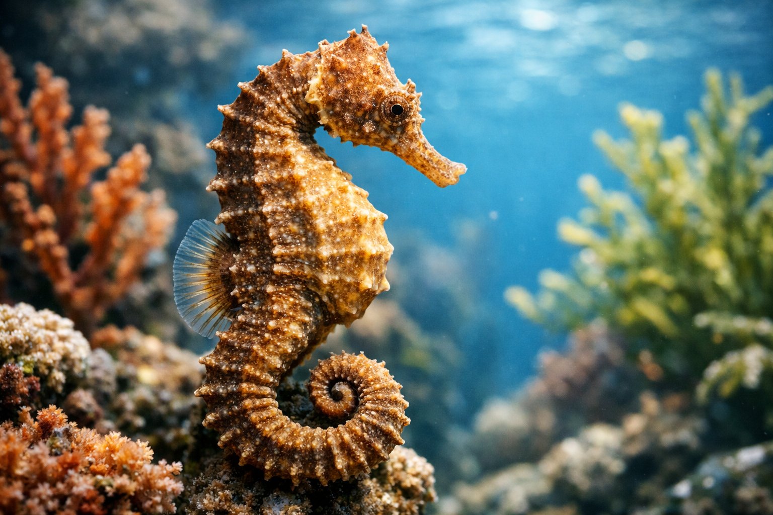Close-up of a seahorse underwater among aquatic plants and coral.