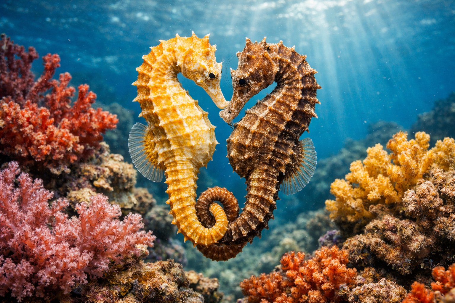 Two seahorses gently intertwined among coral reefs underwater.
