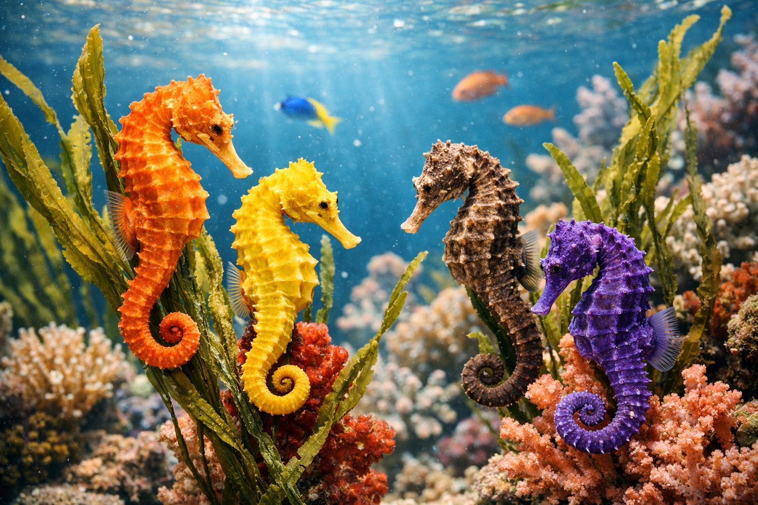 Close-up underwater view of seahorses attached to seaweed and coral in a clear ocean environment.