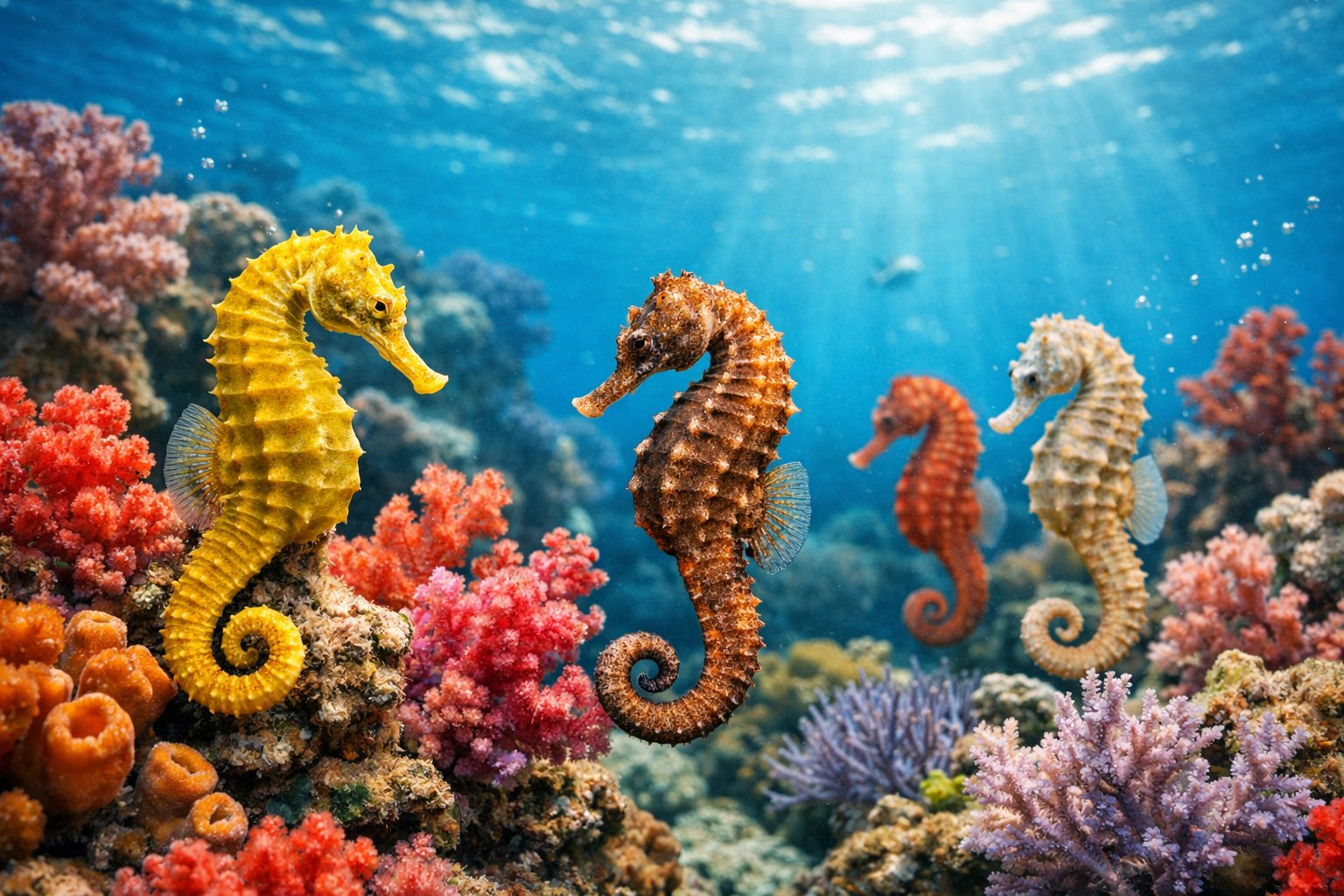 Close-up underwater view of colorful seahorses floating near coral reefs in clear blue water.