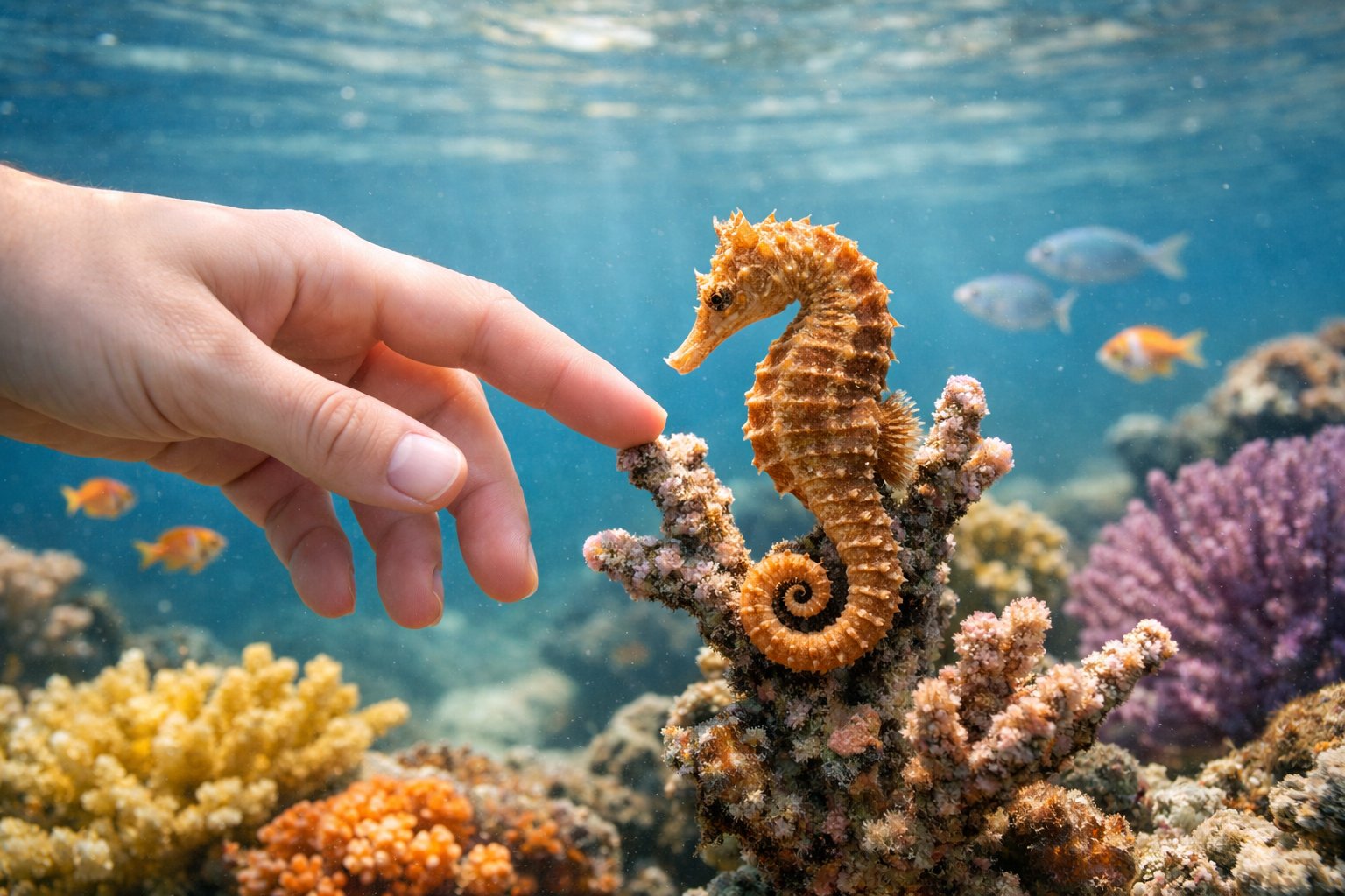 A close-up underwater scene of a human hand gently reaching toward a seahorse attached to coral surrounded by colorful marine life.