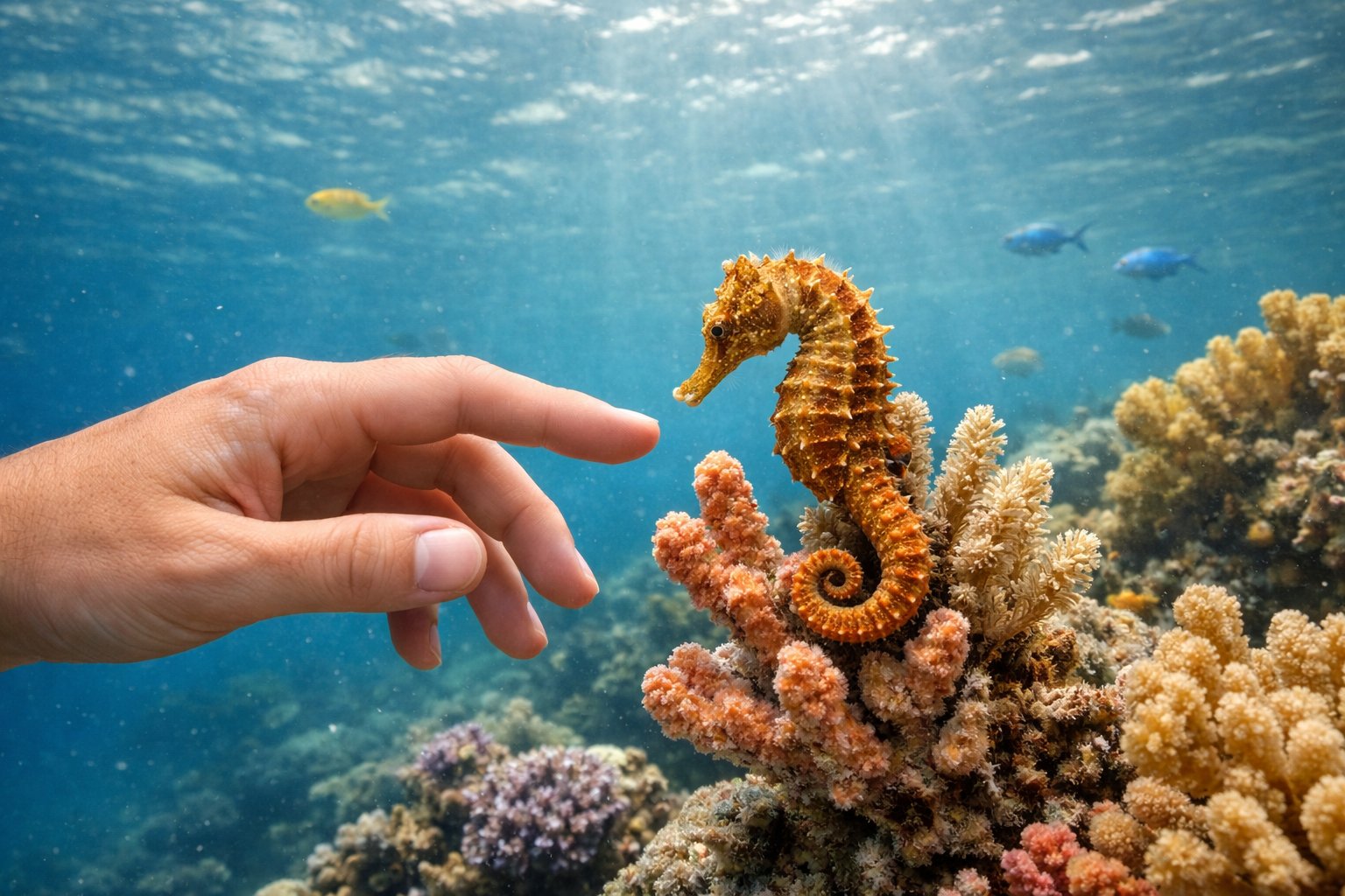 A hand gently reaching towards a small seahorse attached to coral underwater.