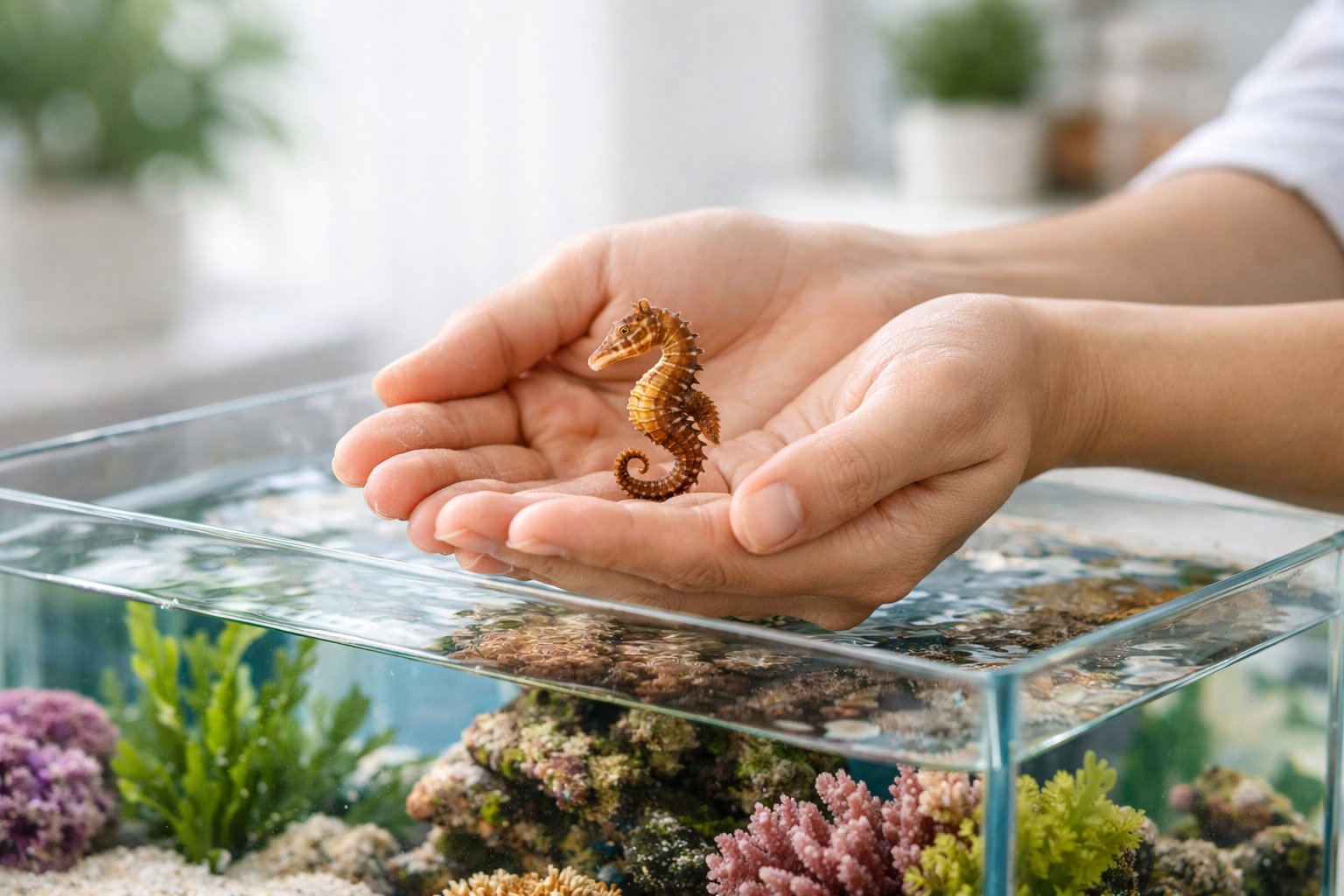 A person holding a small seahorse above a clear aquarium with marine plants and coral.