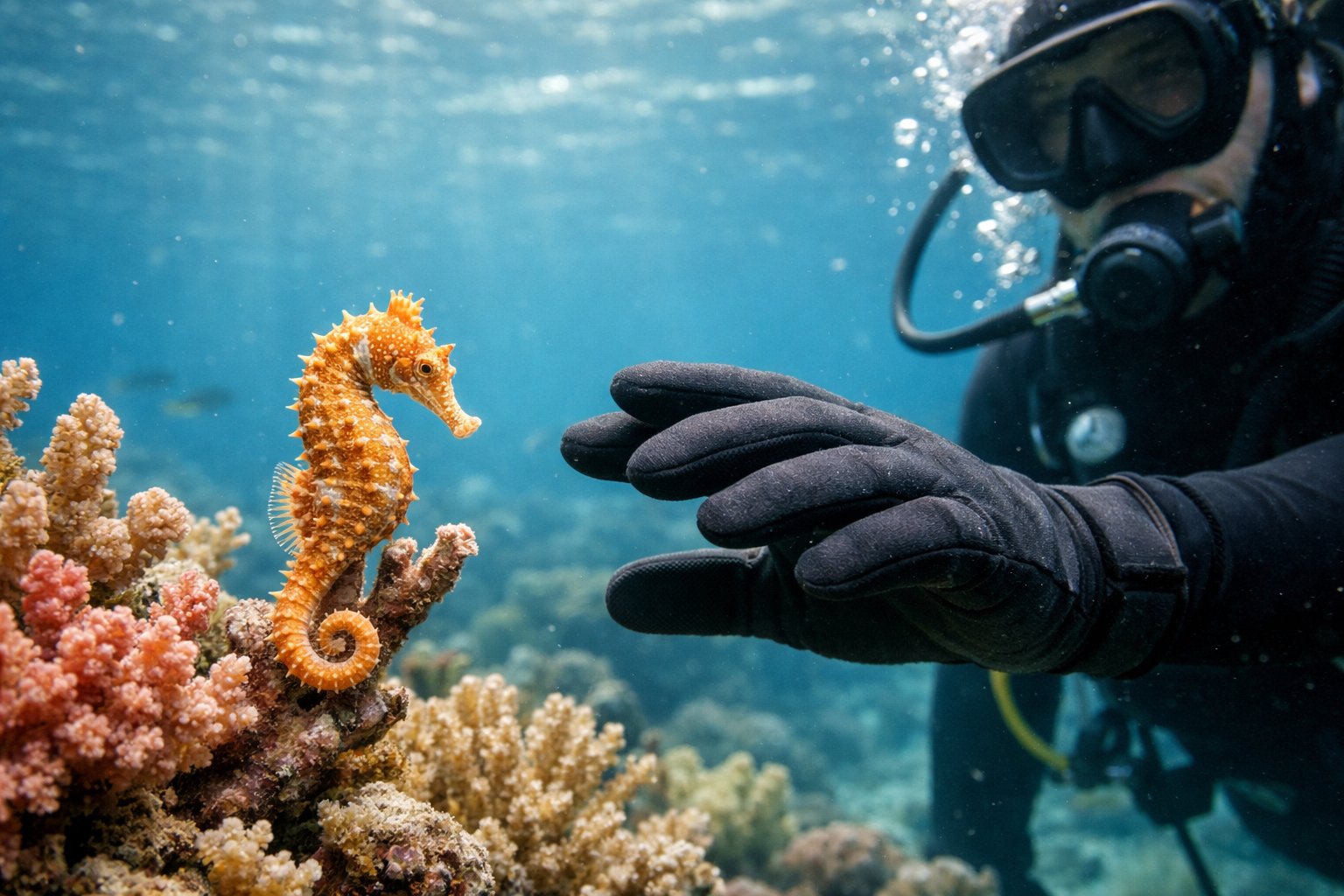 A diver gently reaching toward a seahorse attached to coral underwater in a clear ocean environment.