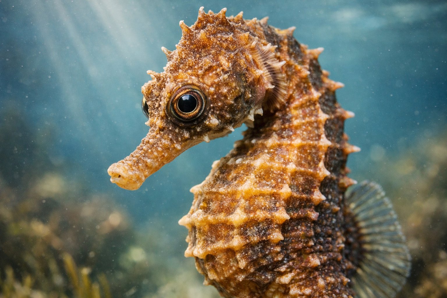 Close-up of a seahorse underwater showing its head and eyes in a natural marine environment.