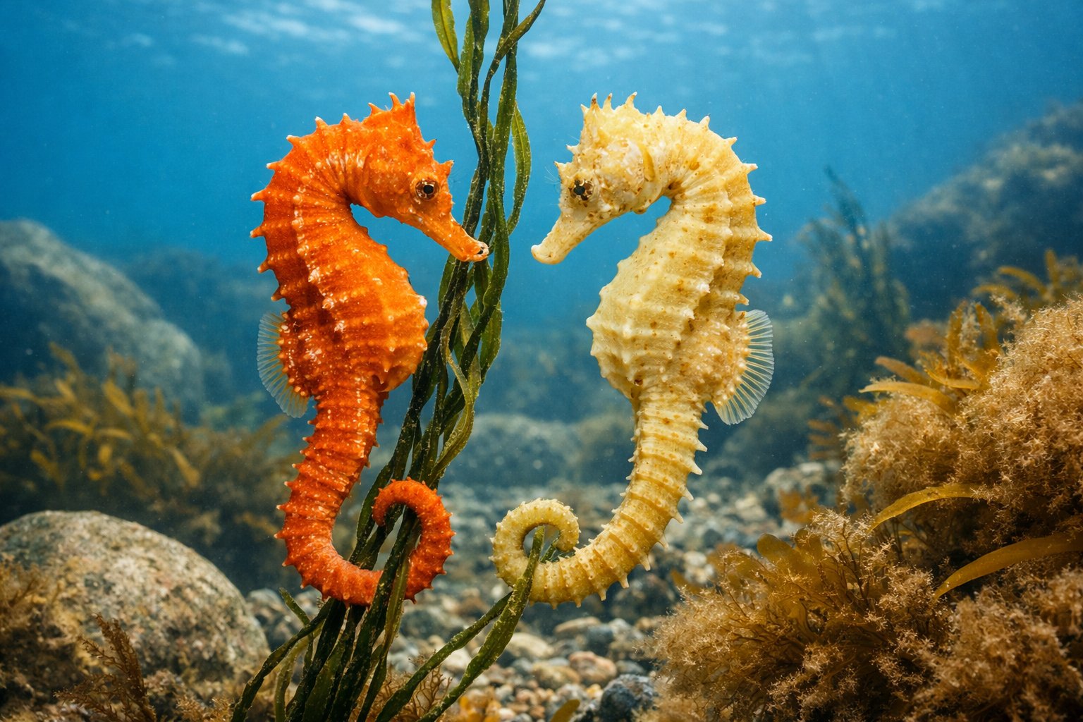 Two seahorses clinging to seaweed in clear underwater coastal waters with rocks and kelp.
