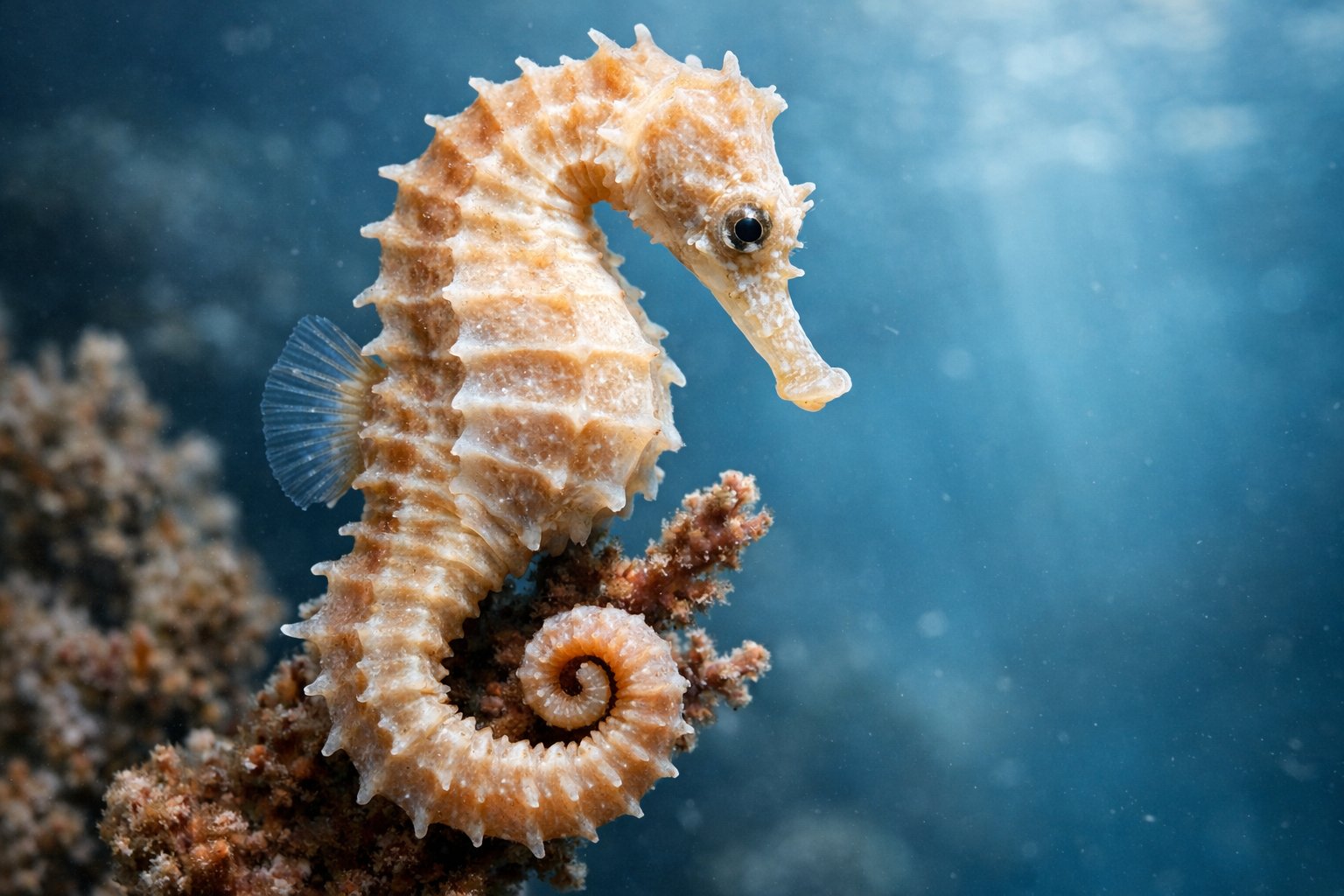 A close-up underwater view of a seahorse clinging to coral in the ocean.