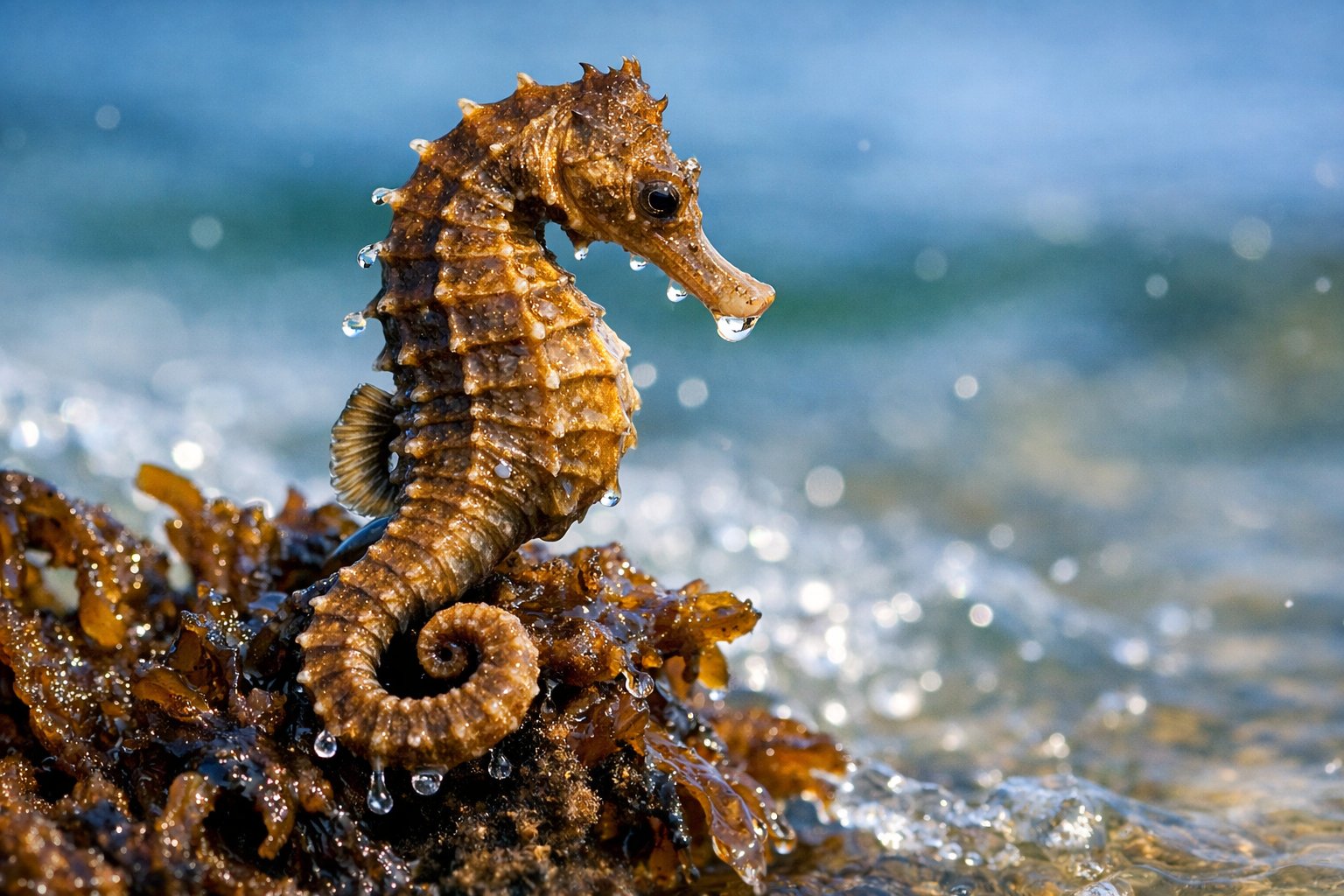 Close-up of a seahorse perched on seaweed partially out of water with a blurred underwater background.