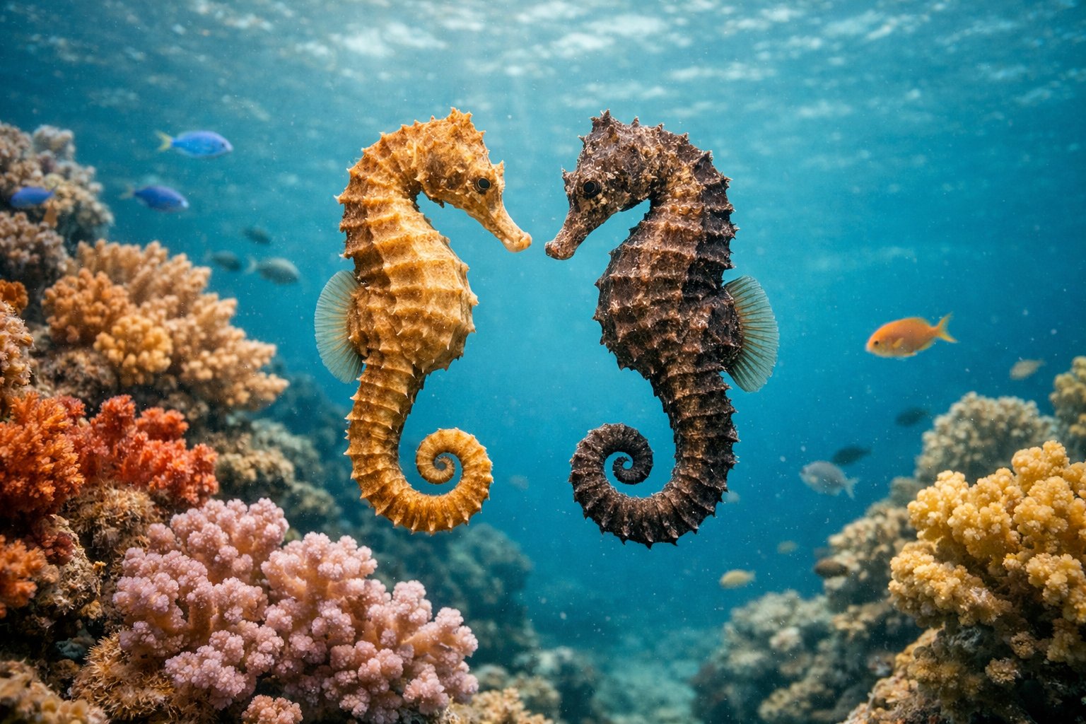 Two seahorses floating near a colorful coral reef underwater with small fish around them.