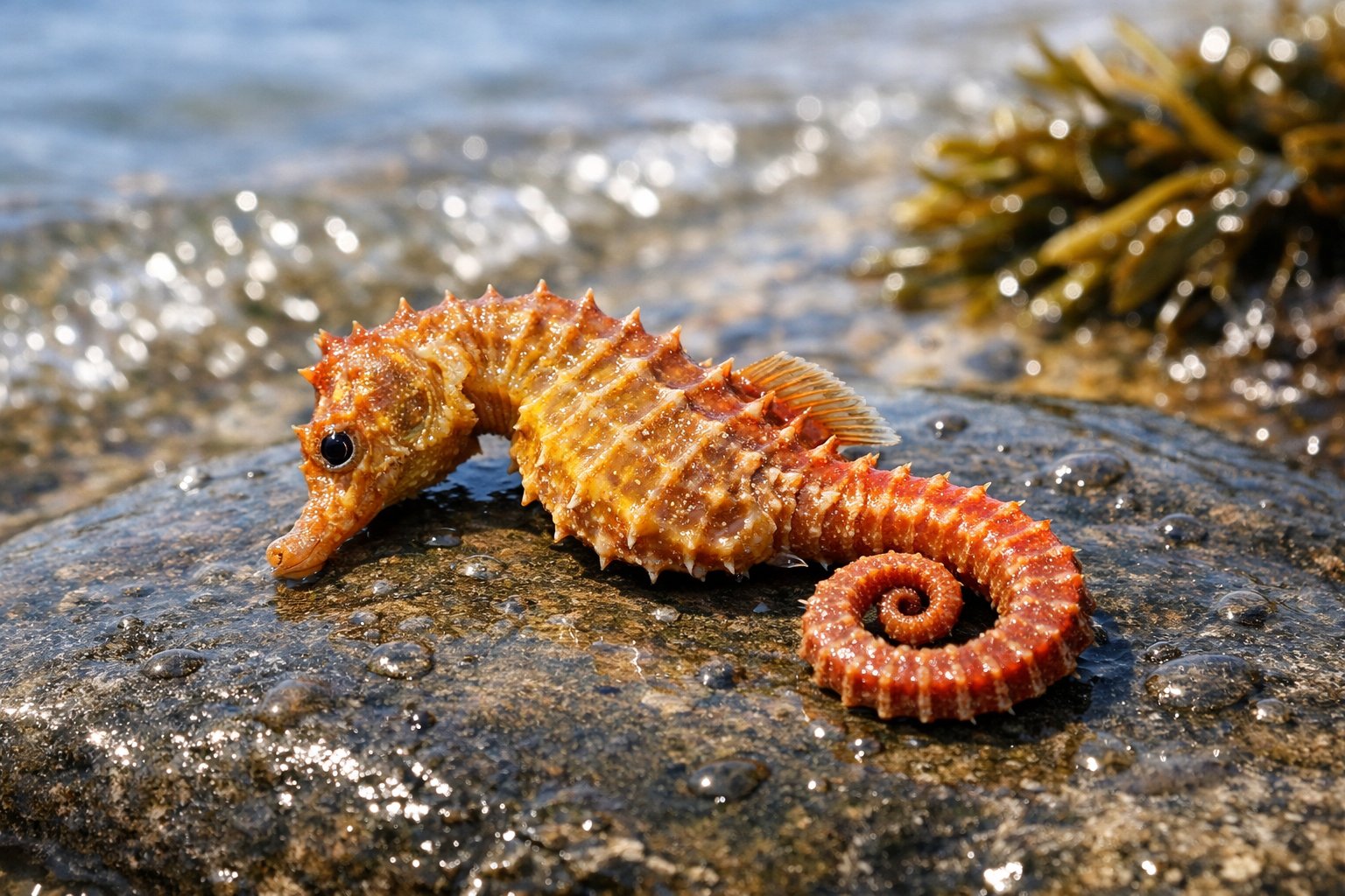 A close-up of a seahorse resting on a wet rock near shallow seawater with seaweed in the background.