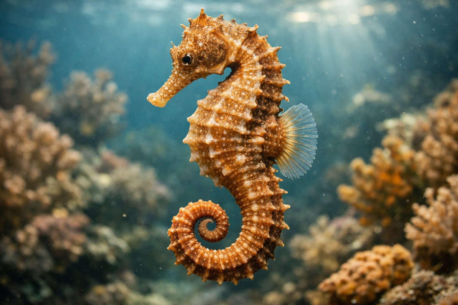 A close-up underwater image of a seahorse floating near coral reefs.