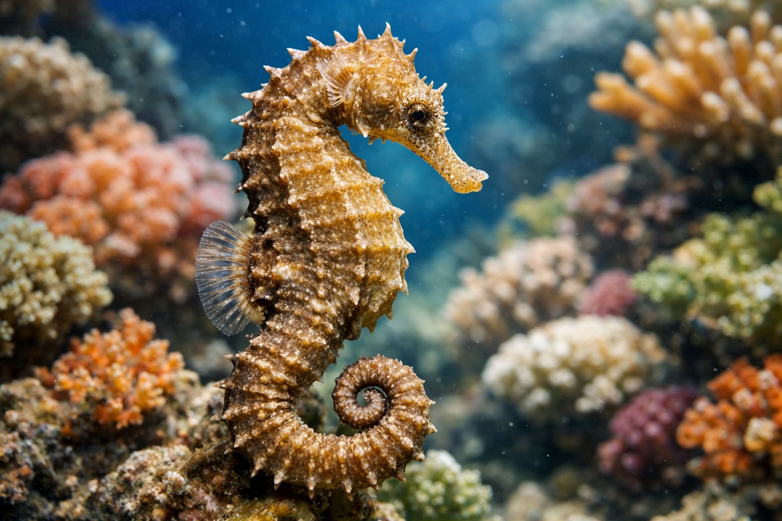 A close-up underwater image of a seahorse near a coral reef with colorful marine plants in the background.