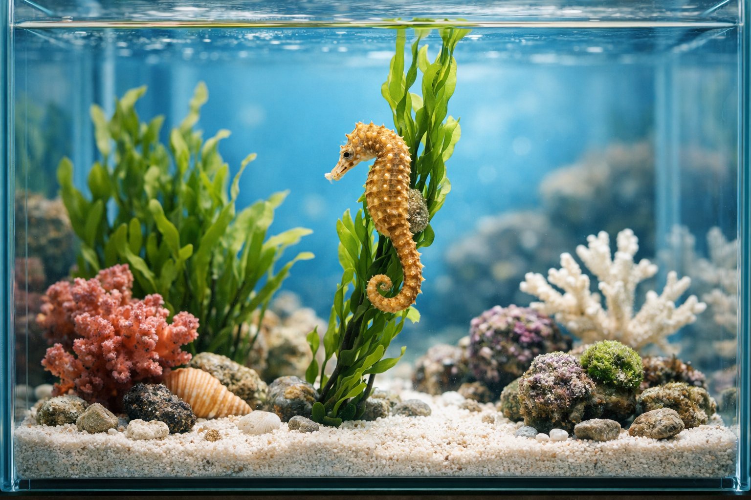A seahorse clinging to seaweed inside a clear glass aquarium decorated with coral and rocks.