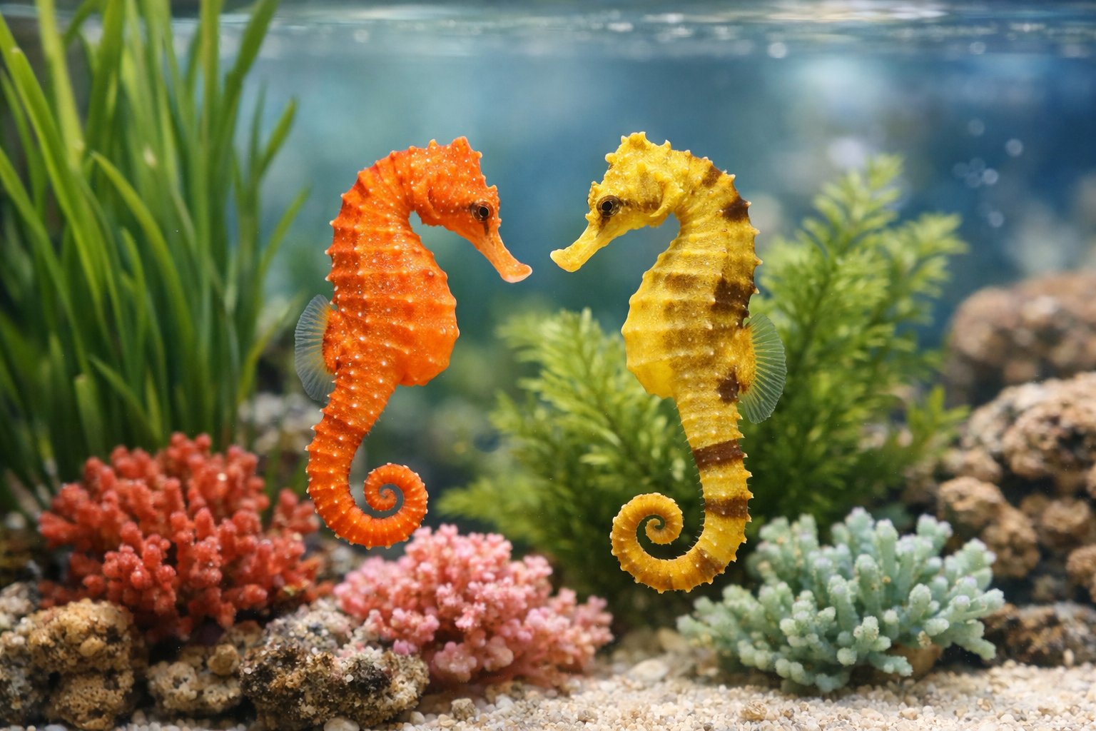 Two seahorses floating in a clear aquarium with aquatic plants and coral.