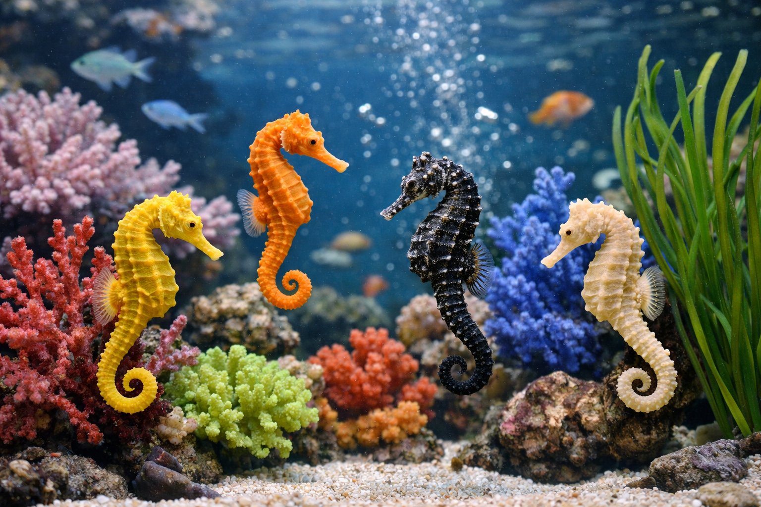 Several seahorses swimming in a clean marine aquarium with coral and aquatic plants.