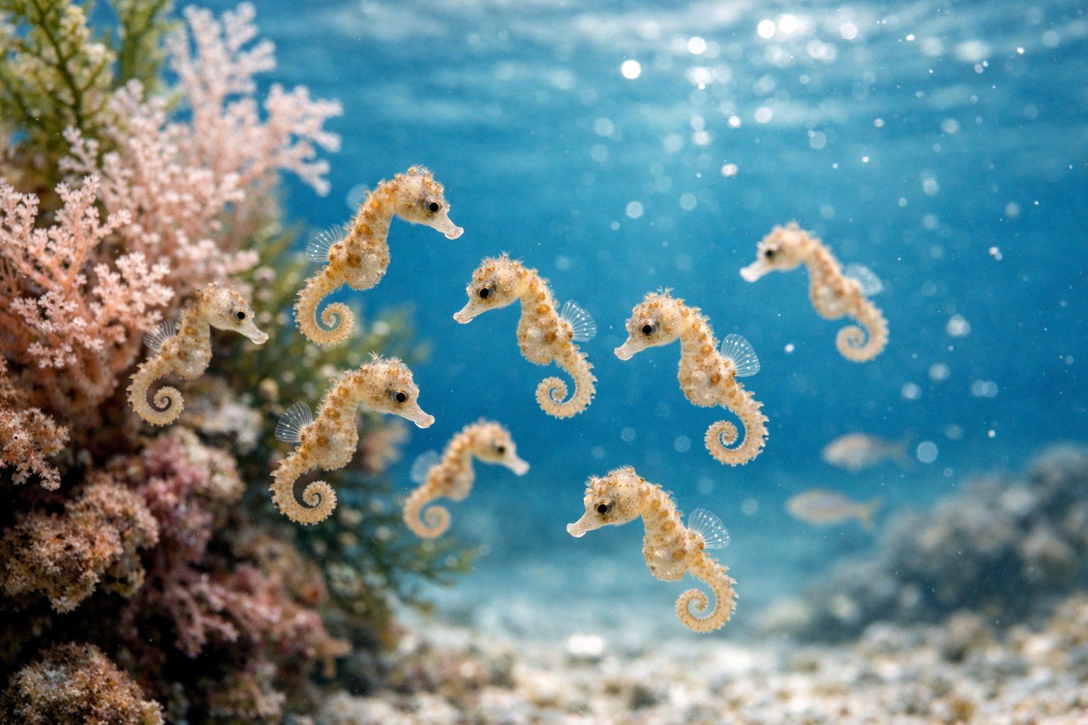 A group of tiny baby seahorses floating near coral and seaweed underwater with sunlight filtering through the clear water.
