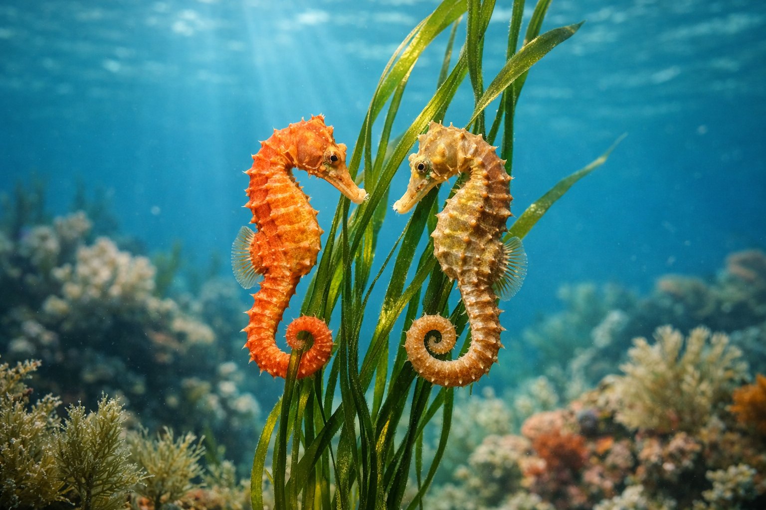 Two seahorses clinging to green seaweed underwater with sunlight filtering through clear water.