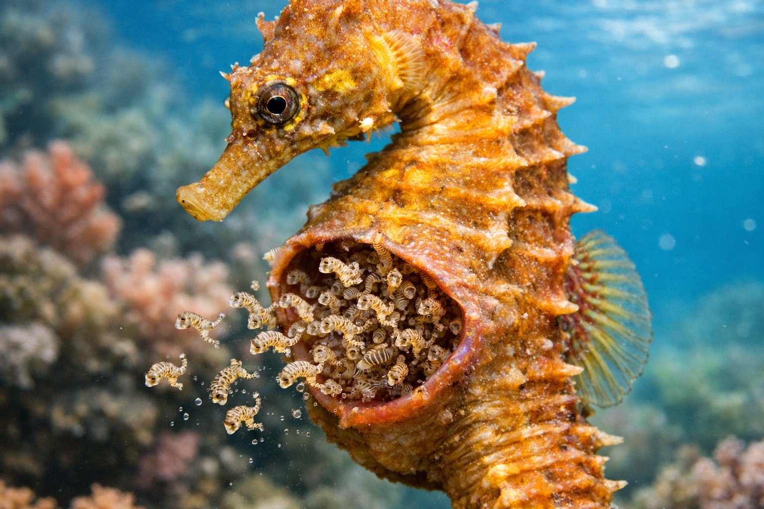 A male seahorse underwater with tiny baby seahorses emerging from its brood pouch near a coral reef.