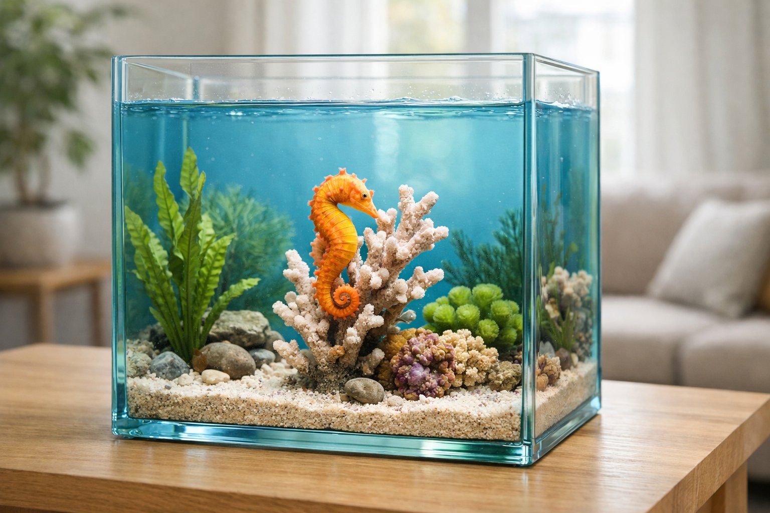 A clear glass aquarium with a vibrant seahorse inside, placed on a wooden table near a bright window in a cozy living room.