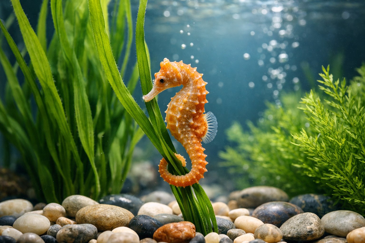 A seahorse clinging to aquatic plants inside a clean home aquarium with pebbles and seaweed.