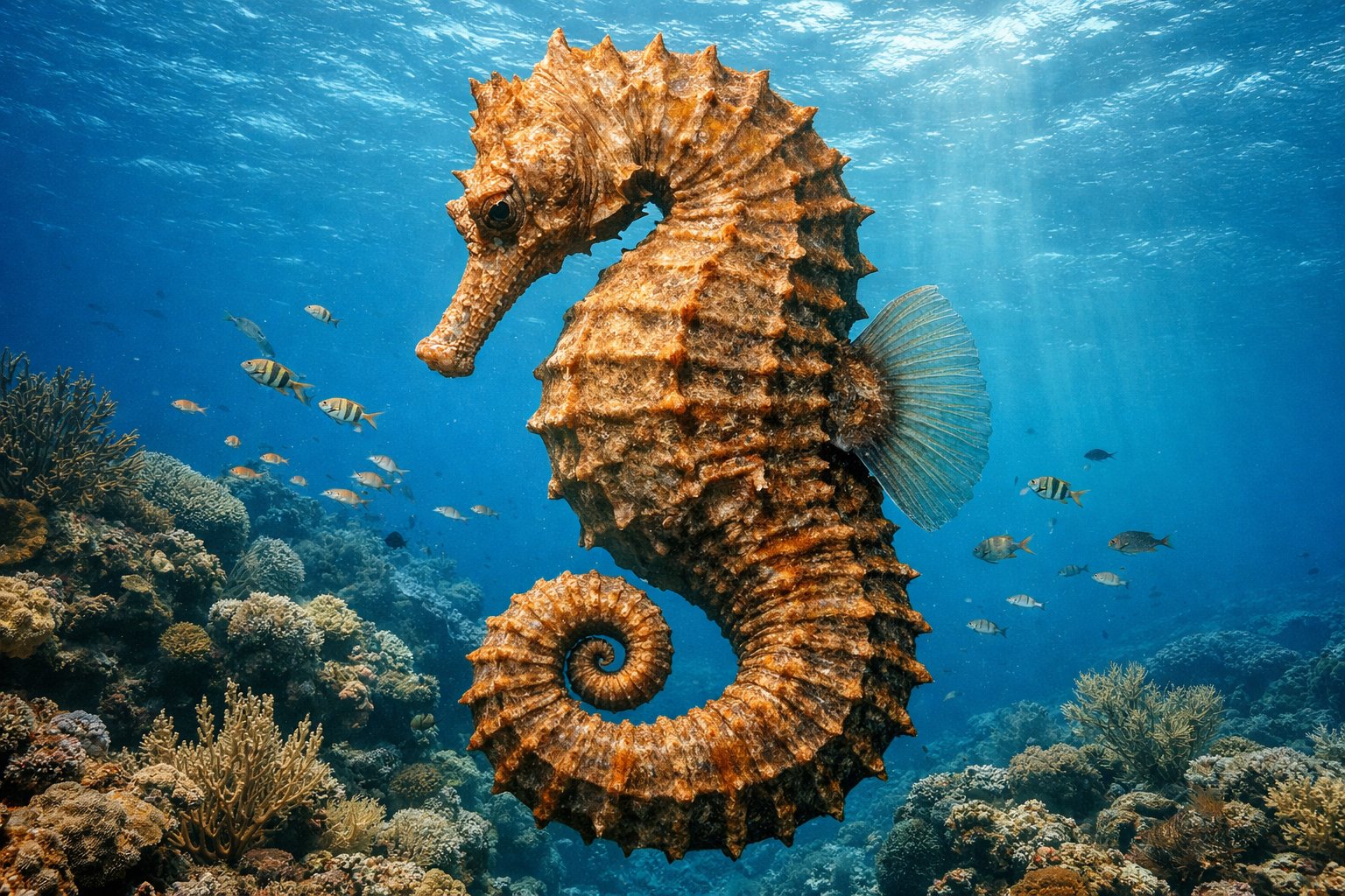A large seahorse underwater surrounded by coral reefs and small fish.