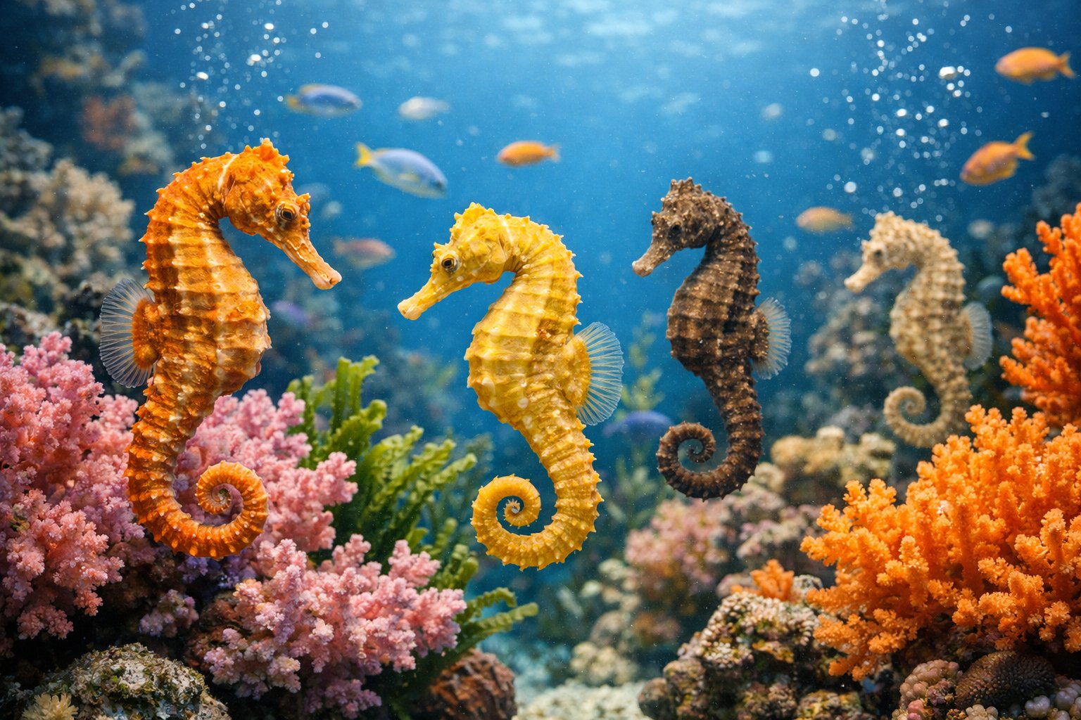 Several seahorses swimming among coral and aquatic plants underwater.