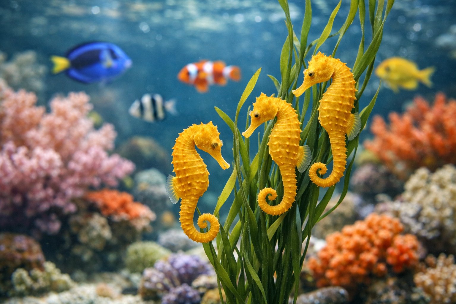 A clear aquarium tank with coral reefs and several golden-yellow seahorses among seaweed.