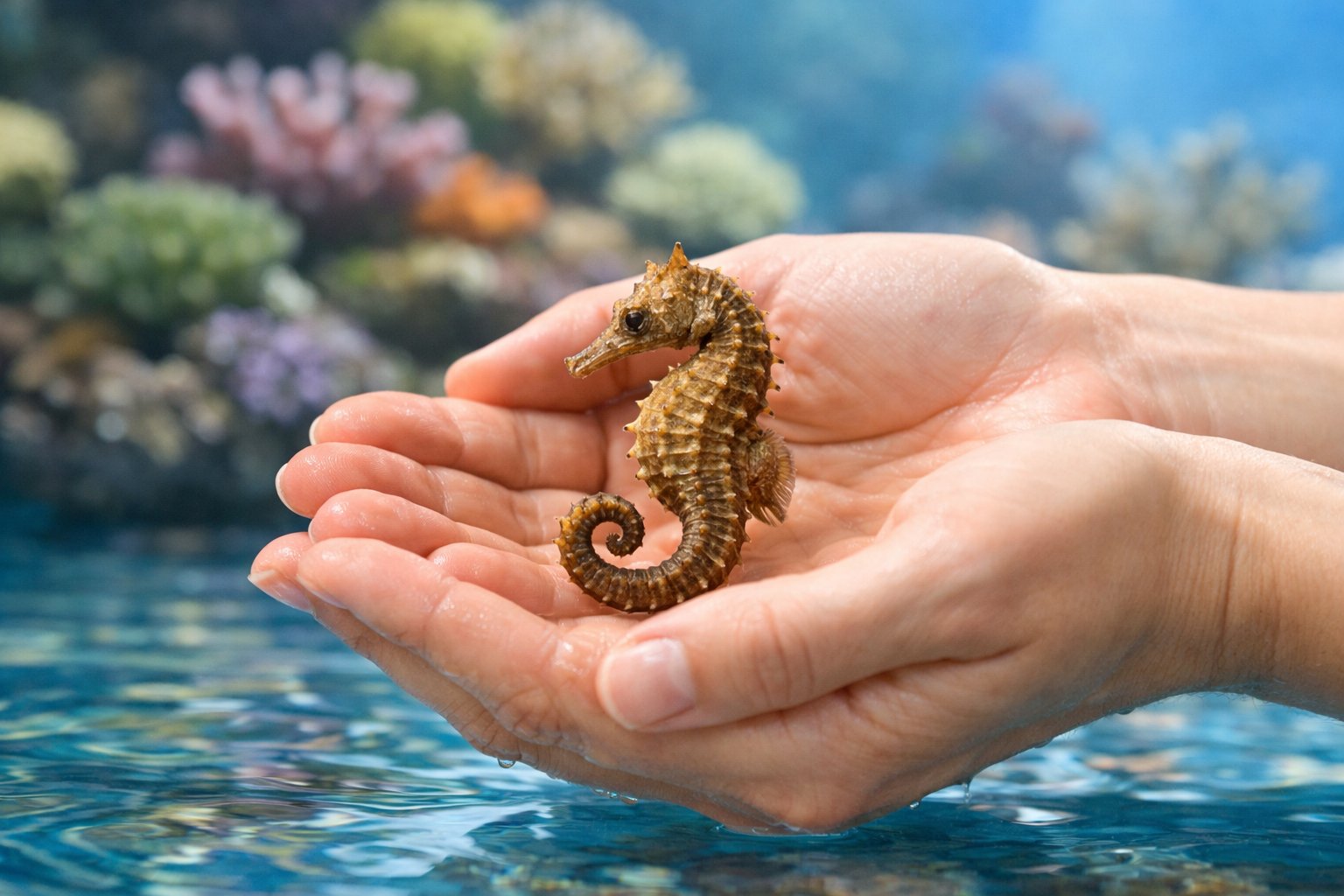 A small seahorse being gently held in a person's cupped hands above clear aquarium water with coral in the background.