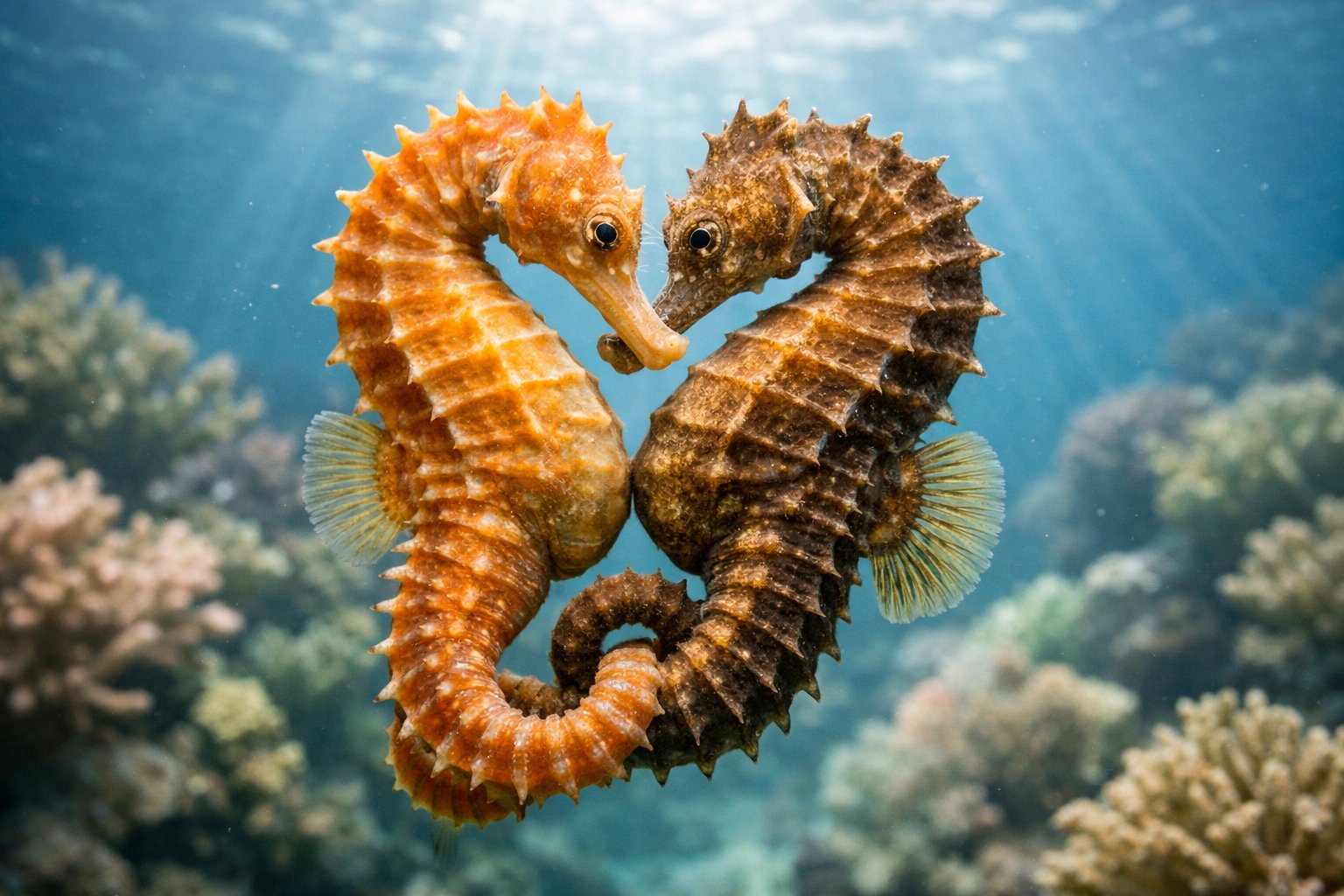 Two seahorses intertwined and facing each other underwater near a coral reef.