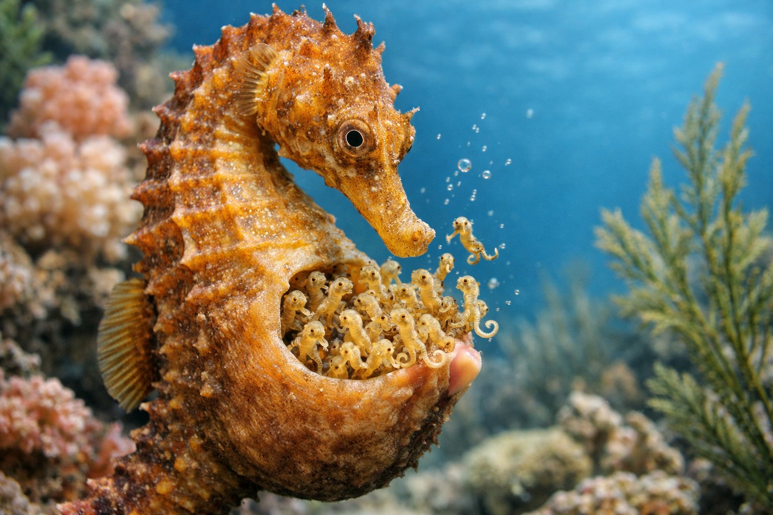 A male seahorse underwater with tiny baby seahorses emerging from its pouch near coral reefs.