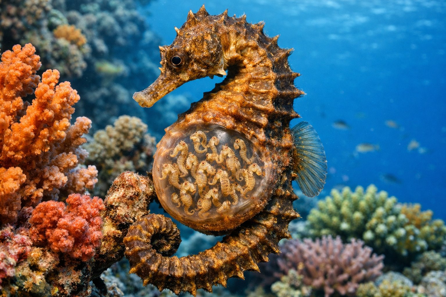 Close-up of a male seahorse carrying baby seahorses in its brood pouch underwater among coral reefs.
