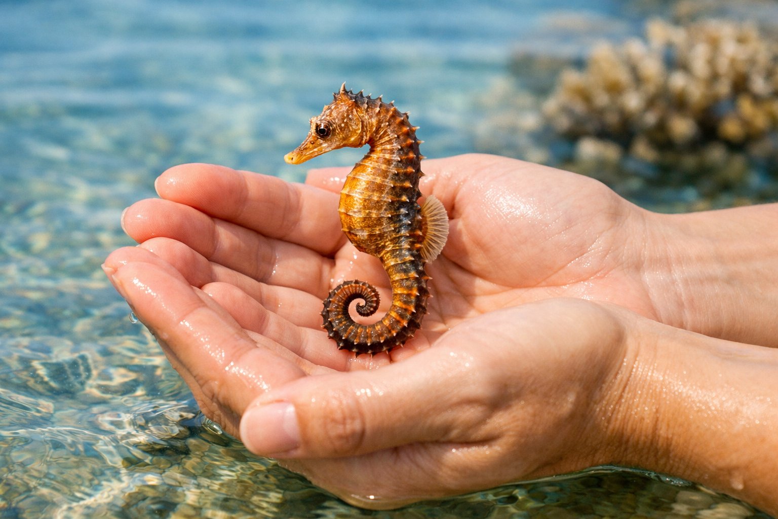 A person holding a small live seahorse in their hands over shallow seawater with coral in the background.