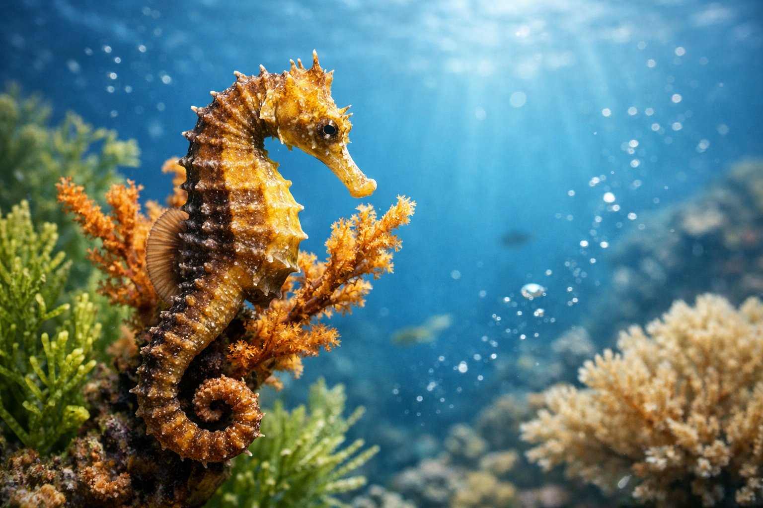A live seahorse clinging to coral underwater in a clear ocean environment.