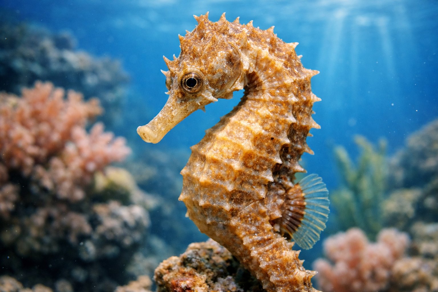 A close-up underwater image of a seahorse among coral and sea plants.