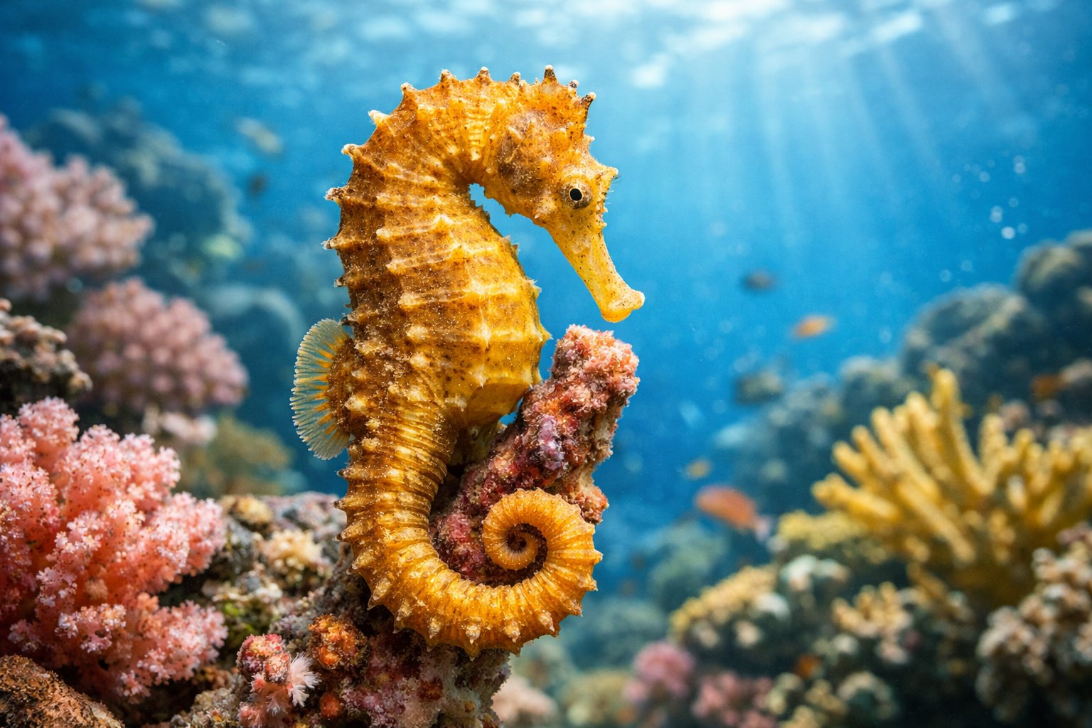 A close-up of a seahorse clinging to coral in a clear underwater reef environment.