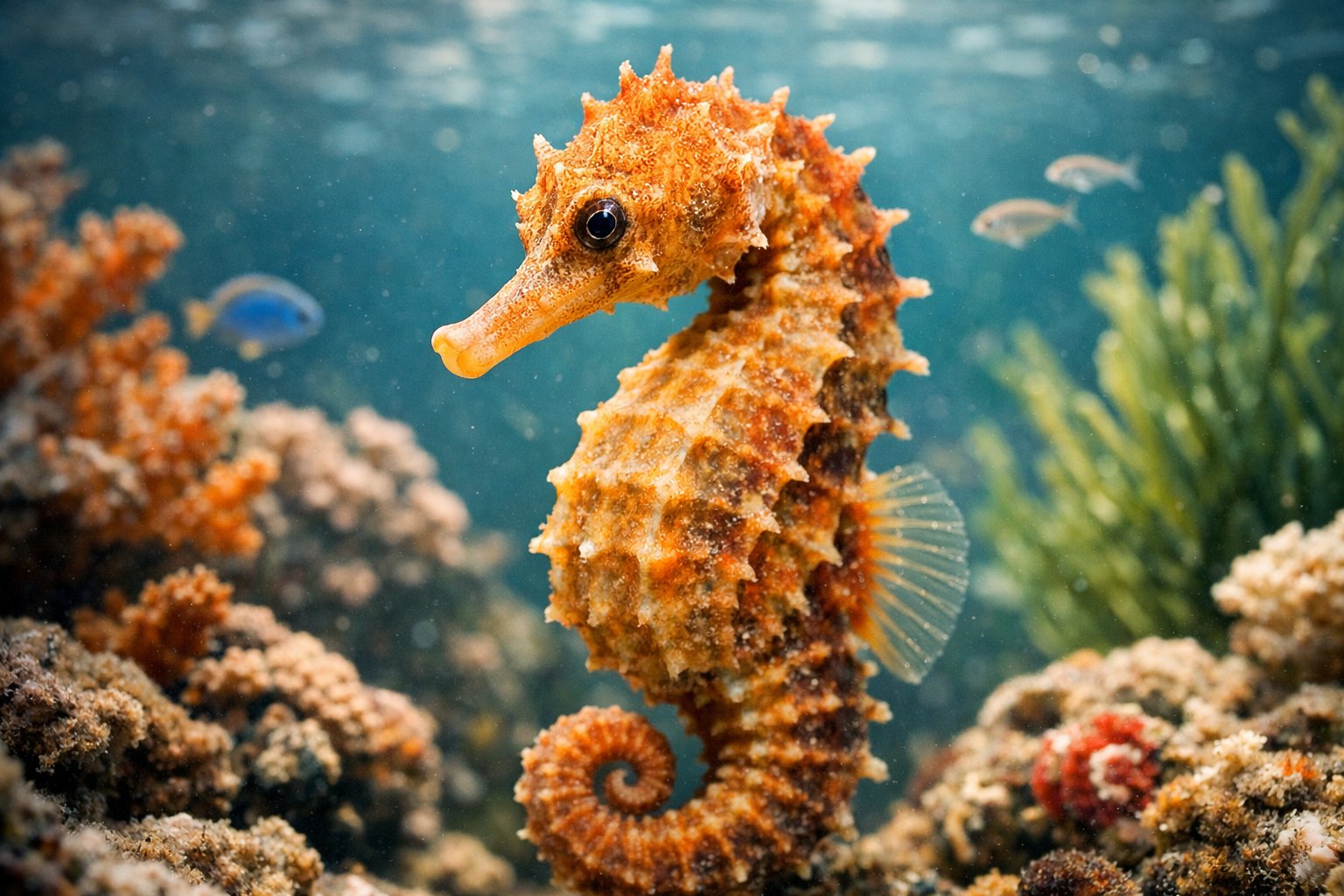 Close-up underwater view of a seahorse among coral and seaweed, showing its toothless snout.